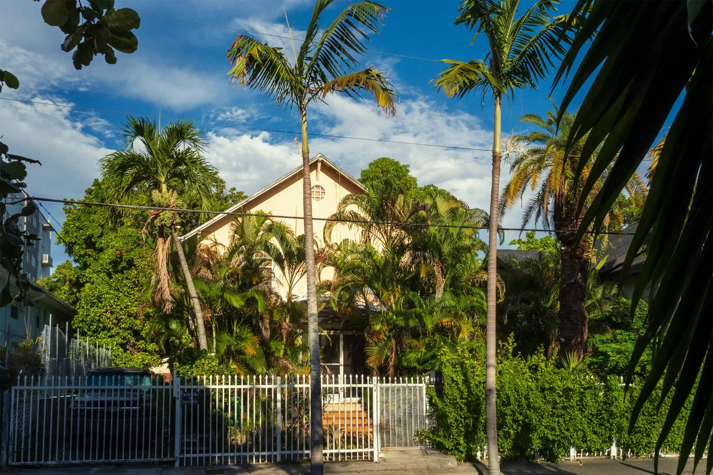 Yellow gable-roof cottage surrounded by palm trees in Miami
