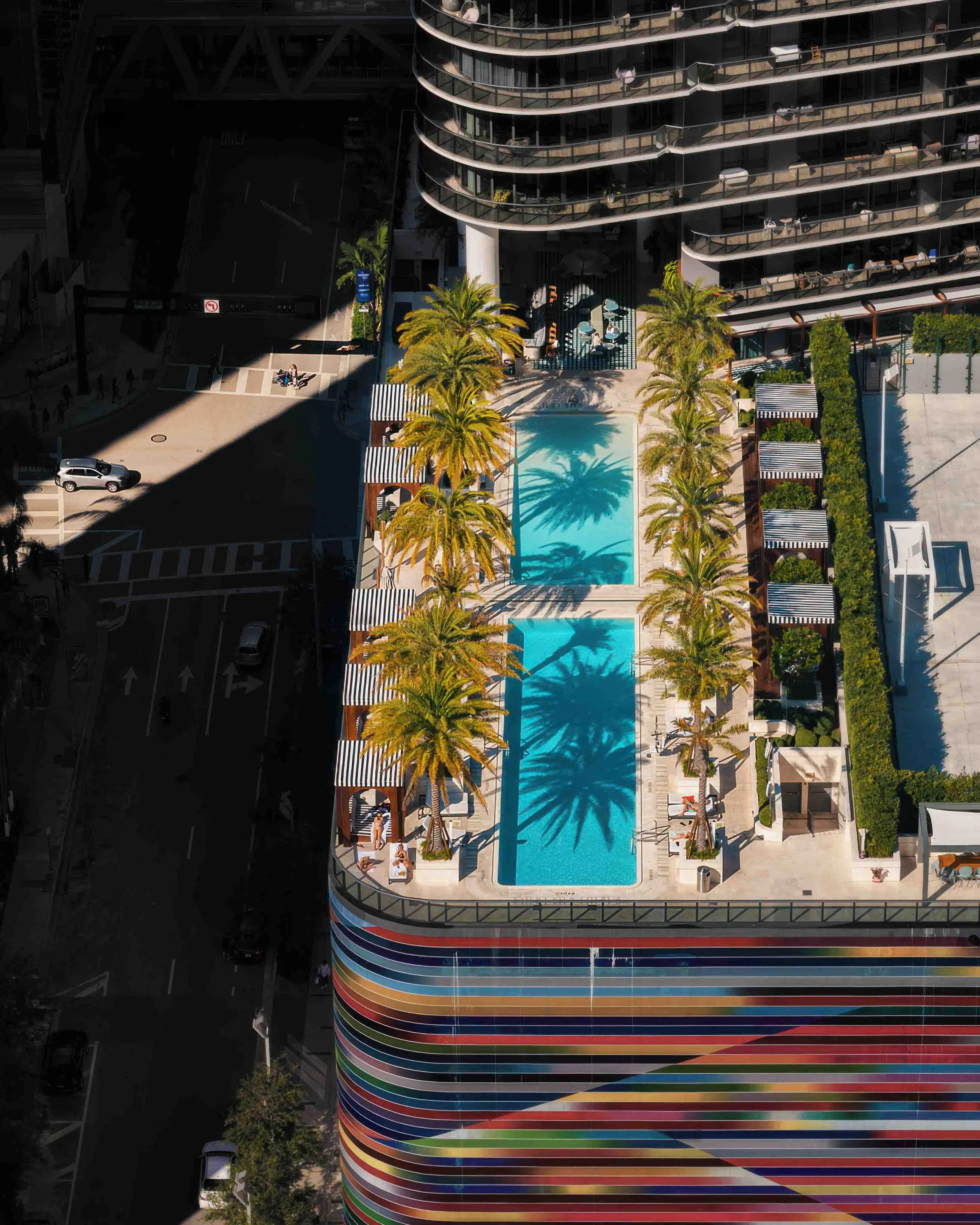 SLS Brickell Miami rooftop pool deck palm trees cabanas luxury hotel Brickell aerial photography