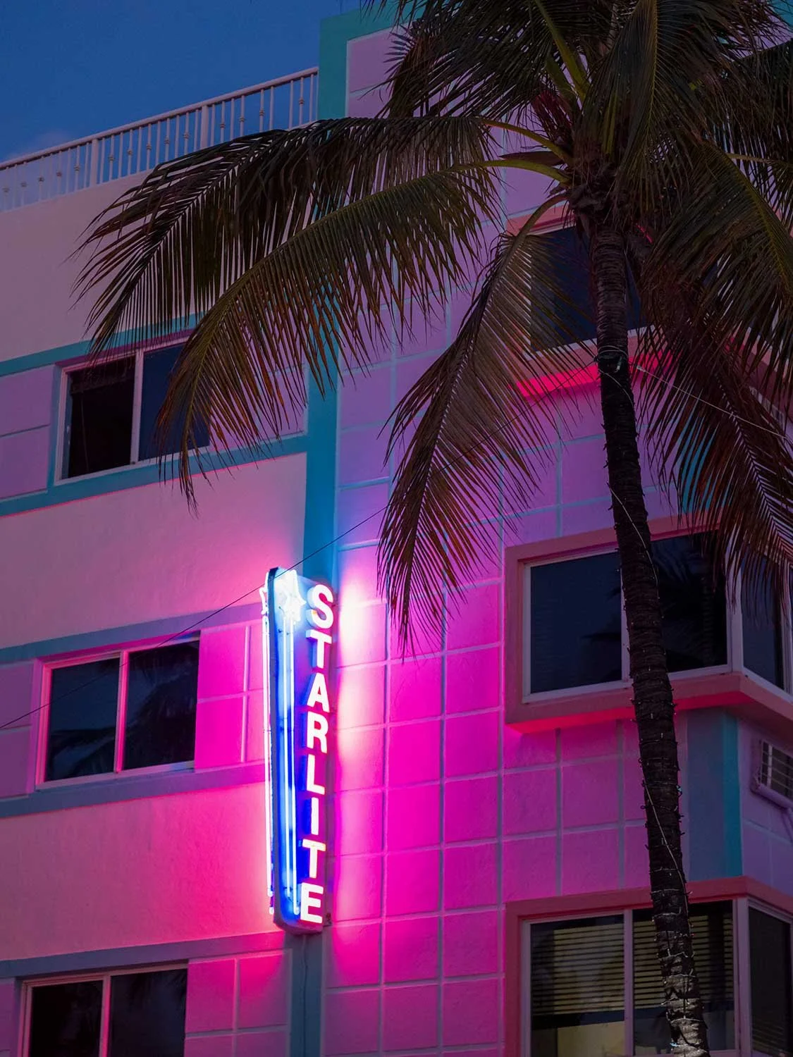 Starlite Hotel neon sign Miami Beach Ocean Drive Art Deco architecture night photography palm tree.