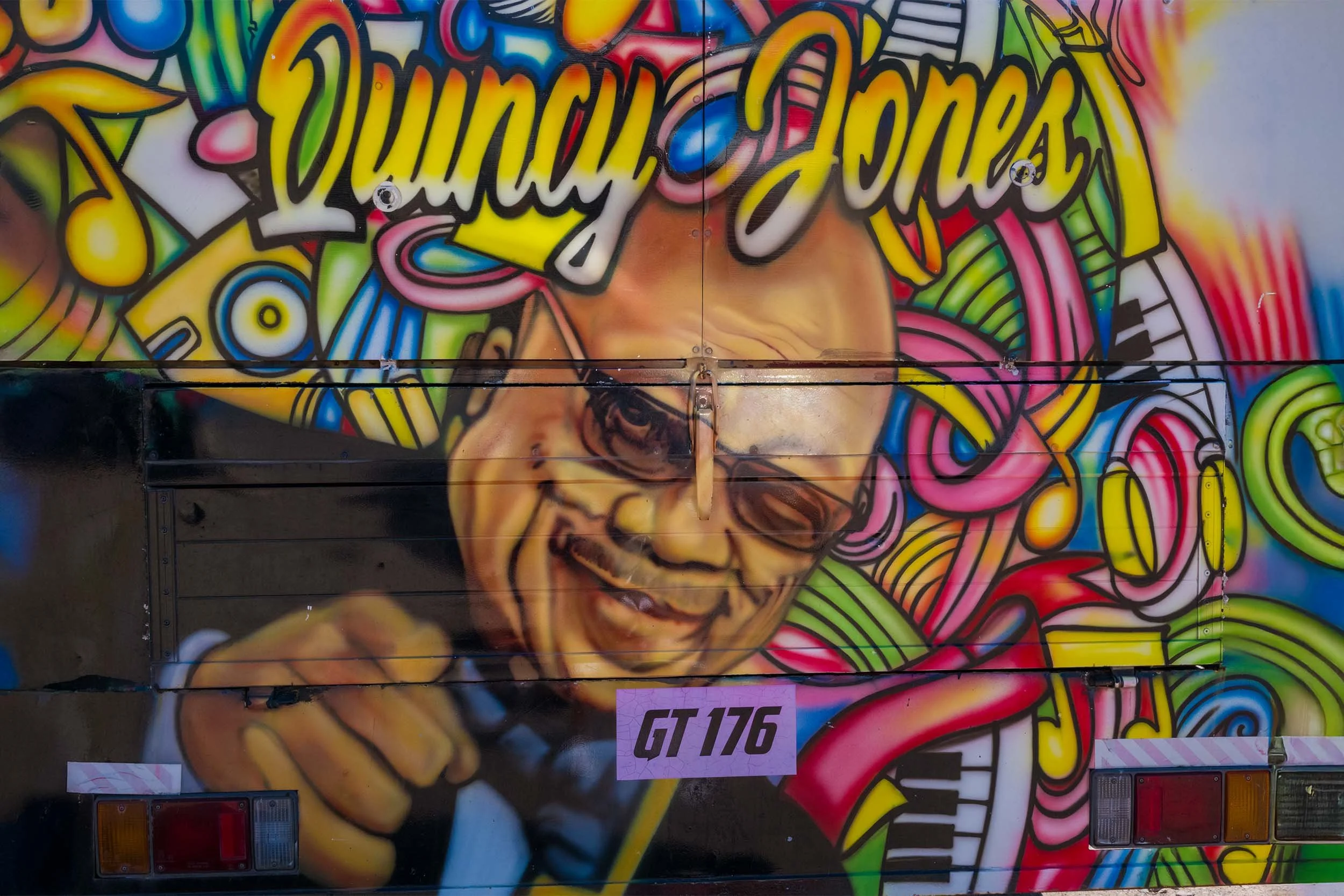 Quincy Jones art work on a bus in St Kitts