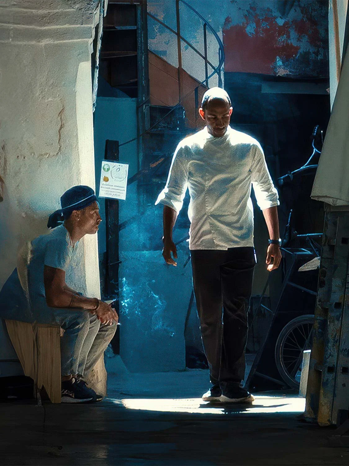 Man in a white shirt stepping into a shaft of sunlight in a Havana doorway as another man sits watching