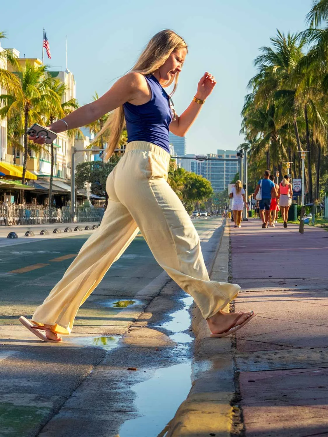 Miami Beach Ocean Drive street style wide-leg linen pants blue tank top summer travel lifestyle