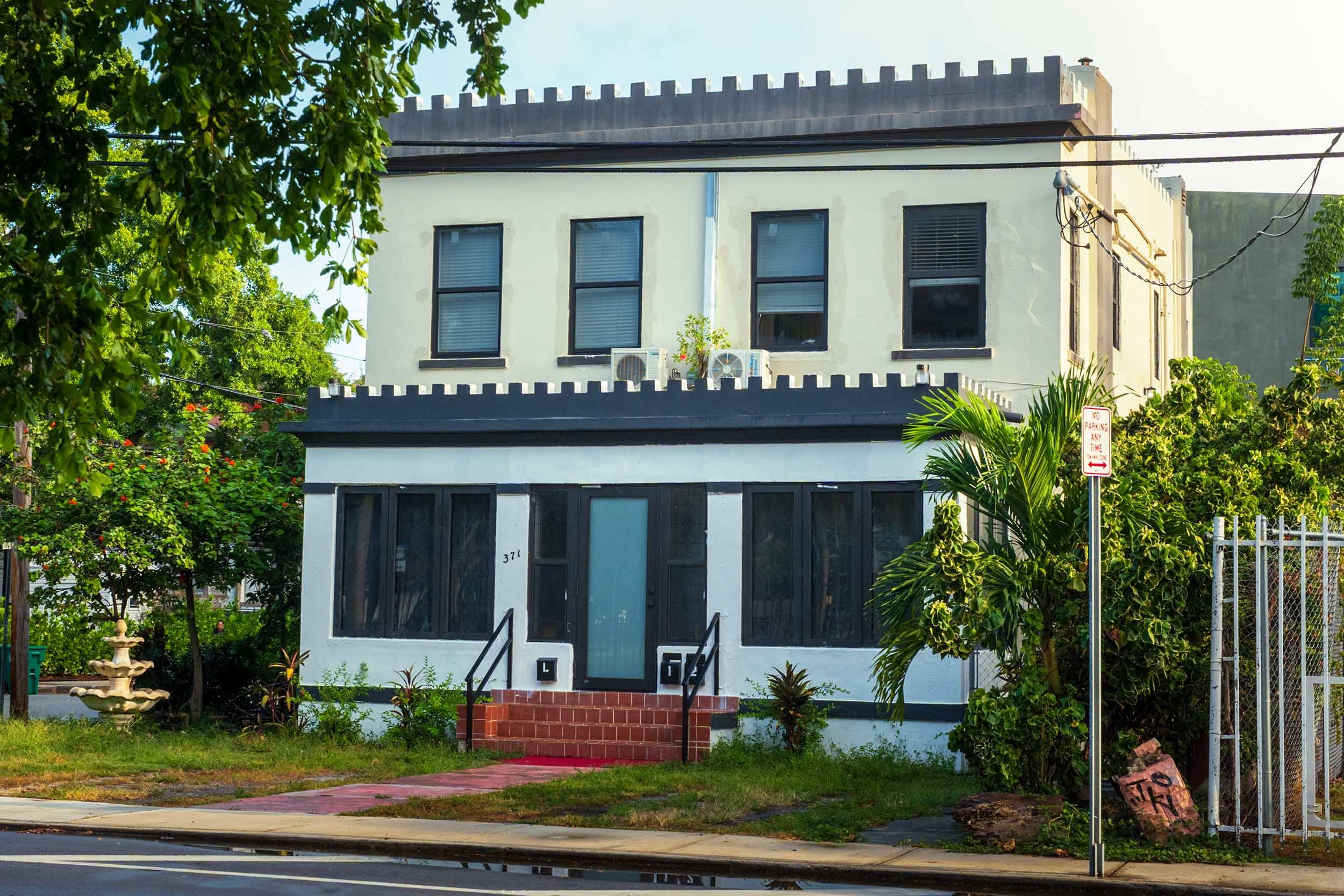 Crenellated rooftop detail on a historic building near Lummus Park