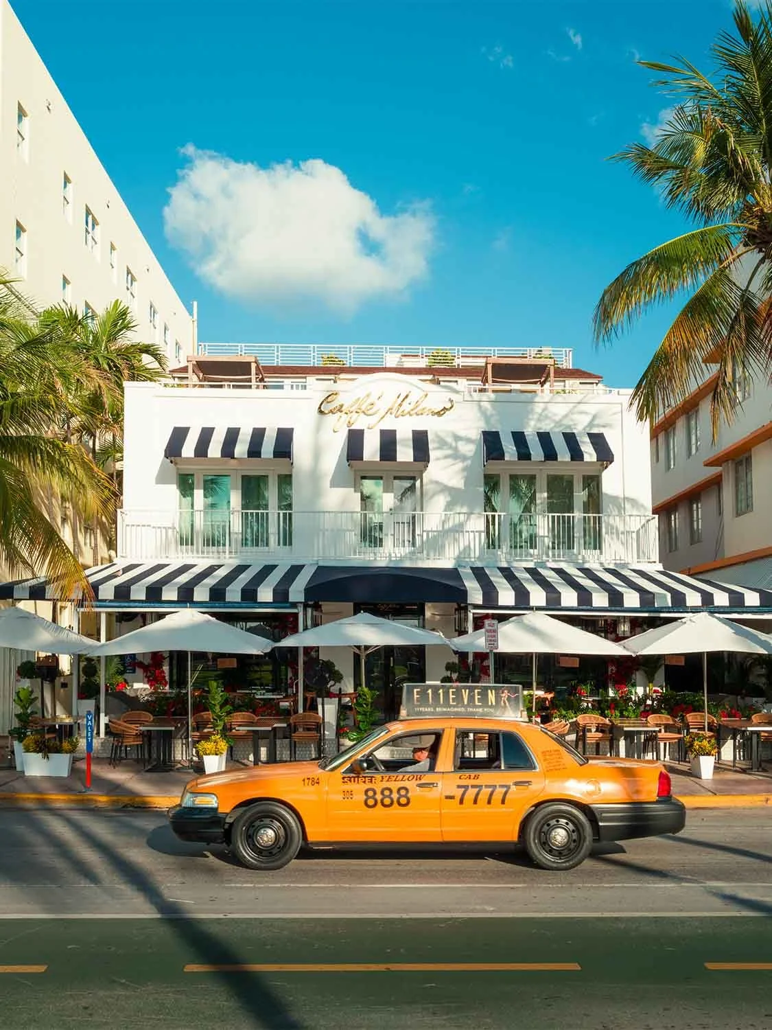 Caffe Milano Miami Beach Ocean Drive Italian restaurant outdoor seating yellow cab Art Deco district South Beach