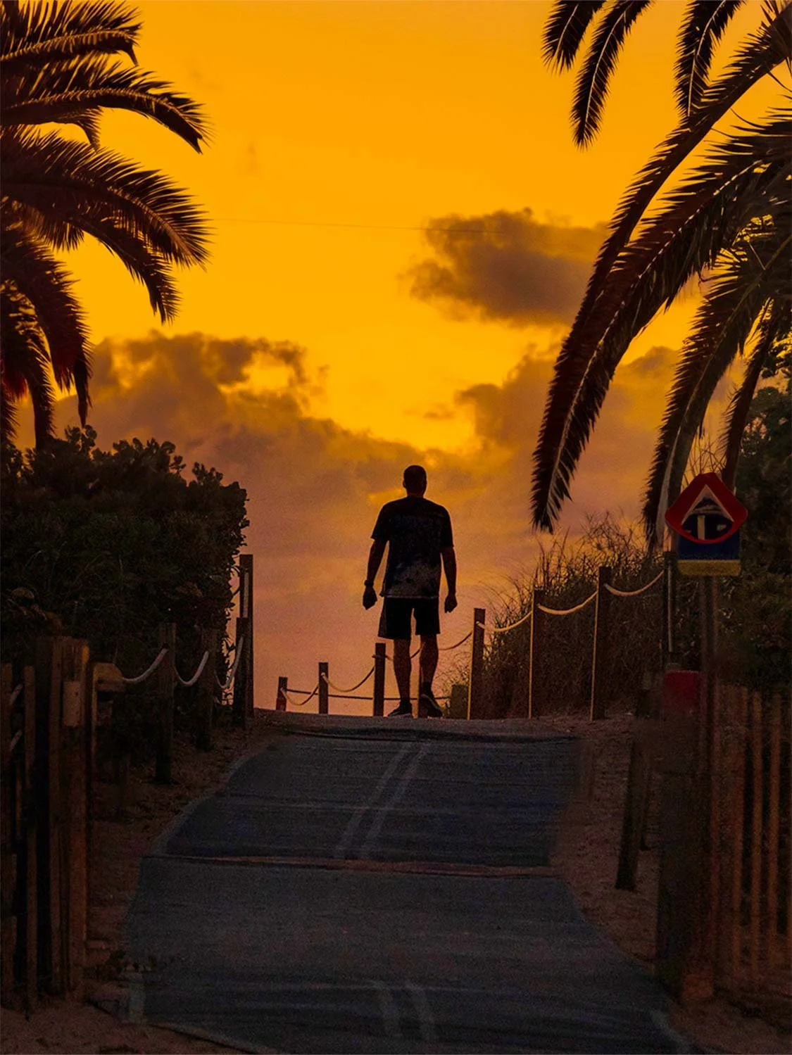 Silhouette of man on South Beach sunrise boardwalk with palm trees and dramatic golden sunset sky.