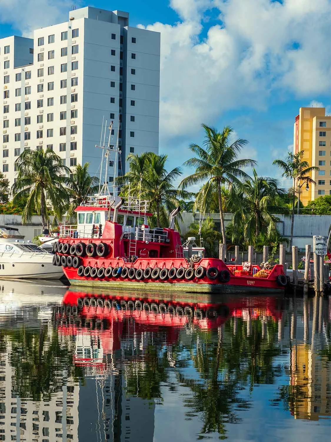 Miami River red tugboat marina palm trees urban waterfront Florida cityscape reflections docked vessel