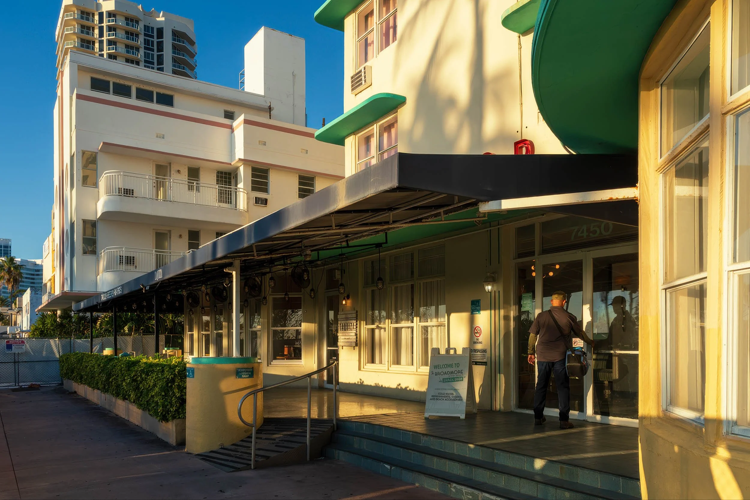 Broadmoor Hotel entrance awning and snack shop sign, Ocean Terrace North Beach Miami