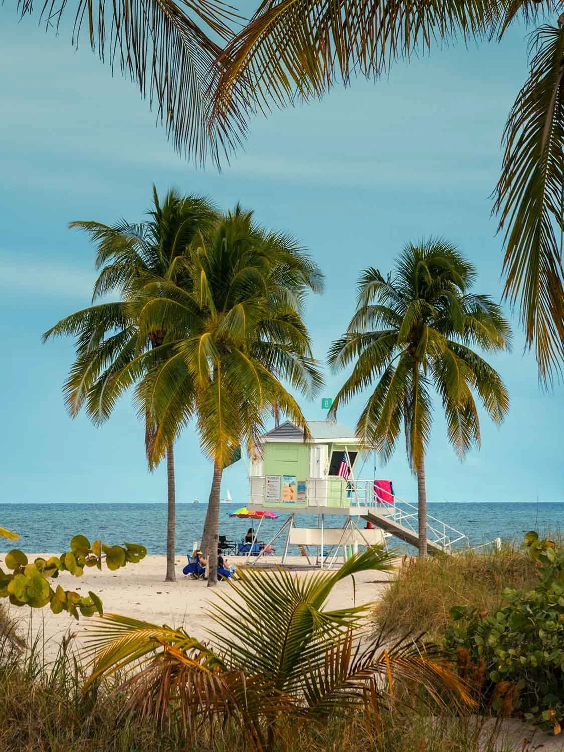 Lifeguard stand framed by tall palm trees on a white sand beach at Hobie Beach with calm blue ocean waters