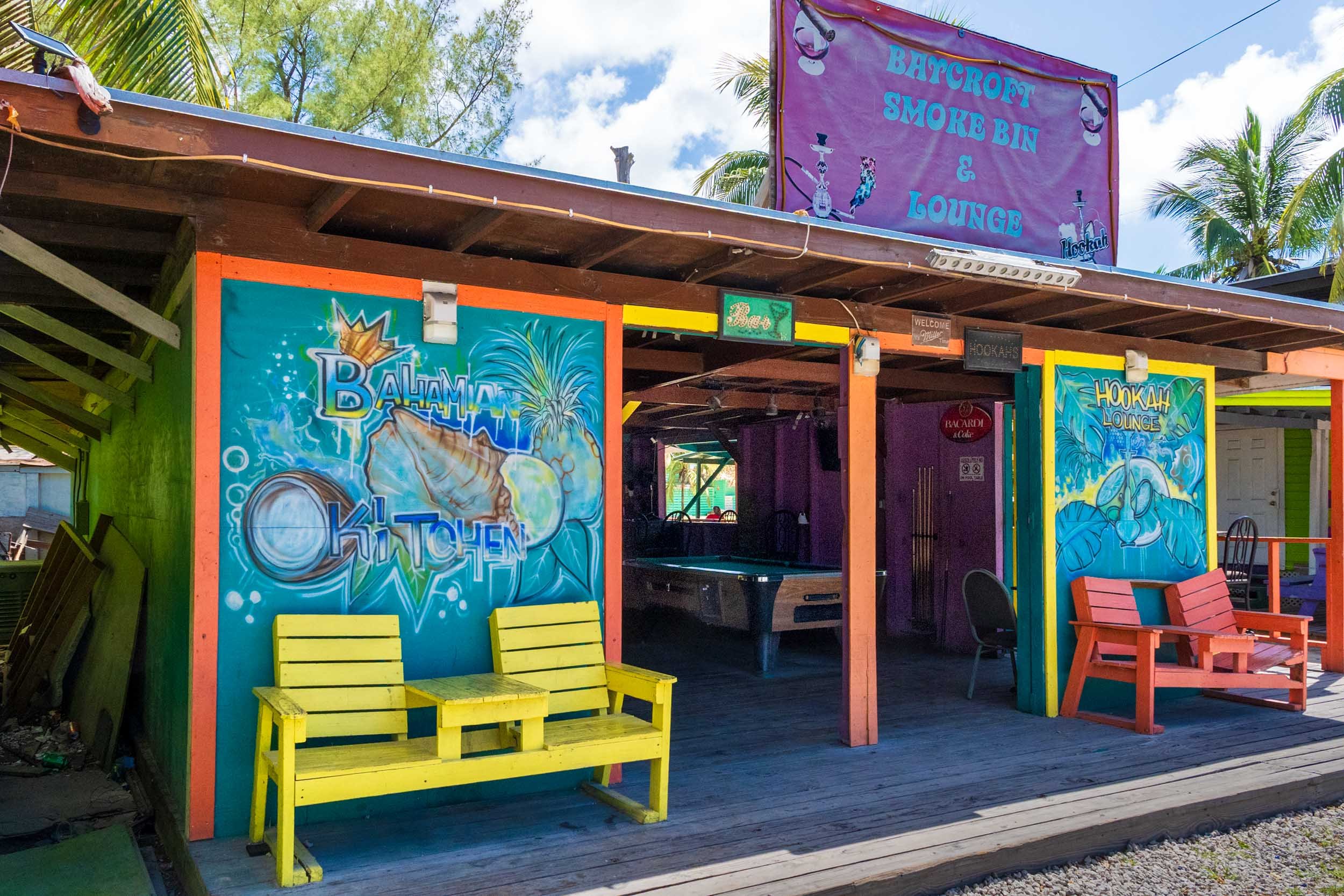Colorful Bahamian kitchen and hookah lounge exterior, Arawak Cay Nassau