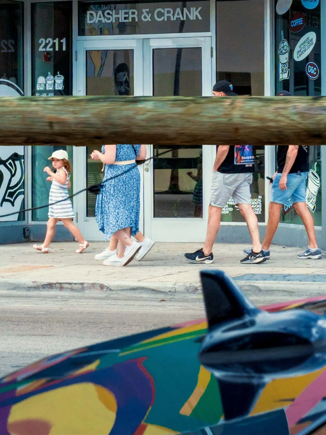 Wynwood Miami street scene Dasher & Crank ice cream cafe 2211 NW 2nd Ave pedestrians colorful mural art car