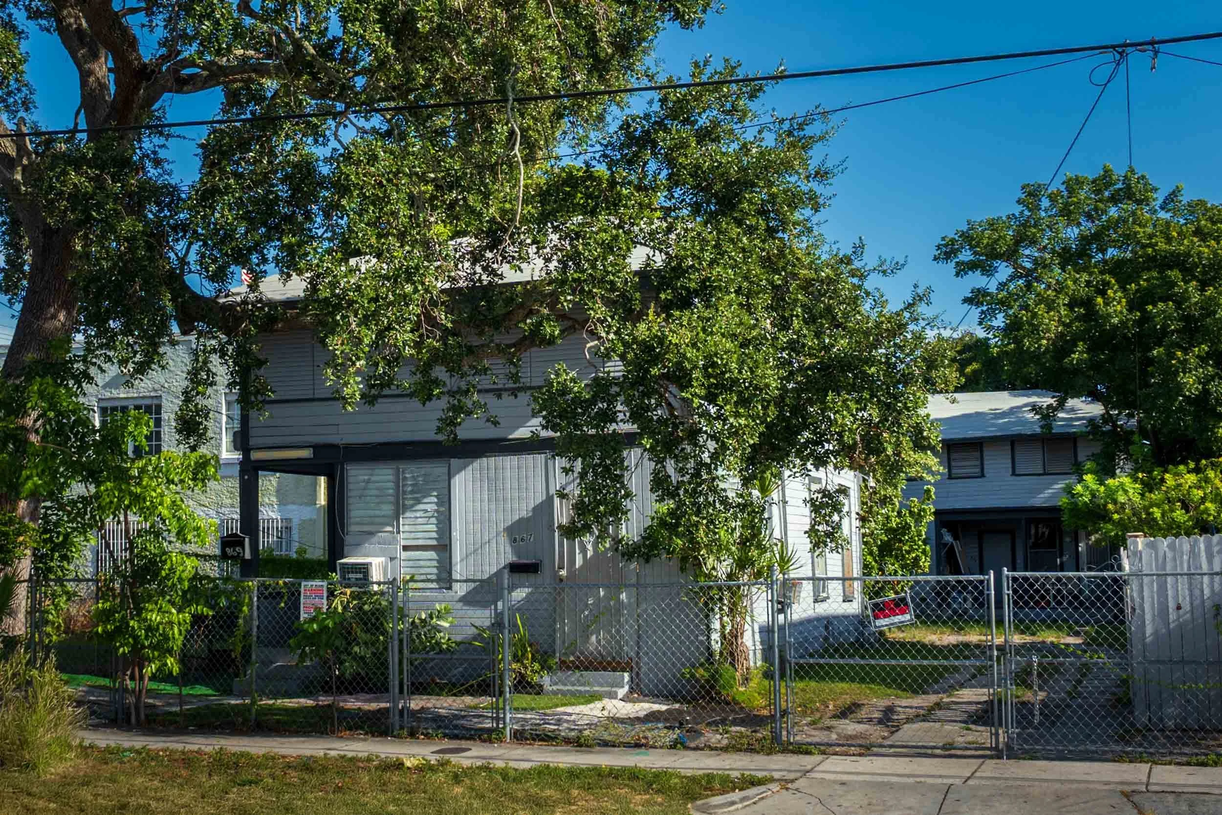 Grey wood-frame house shaded by an oak tree in Miami