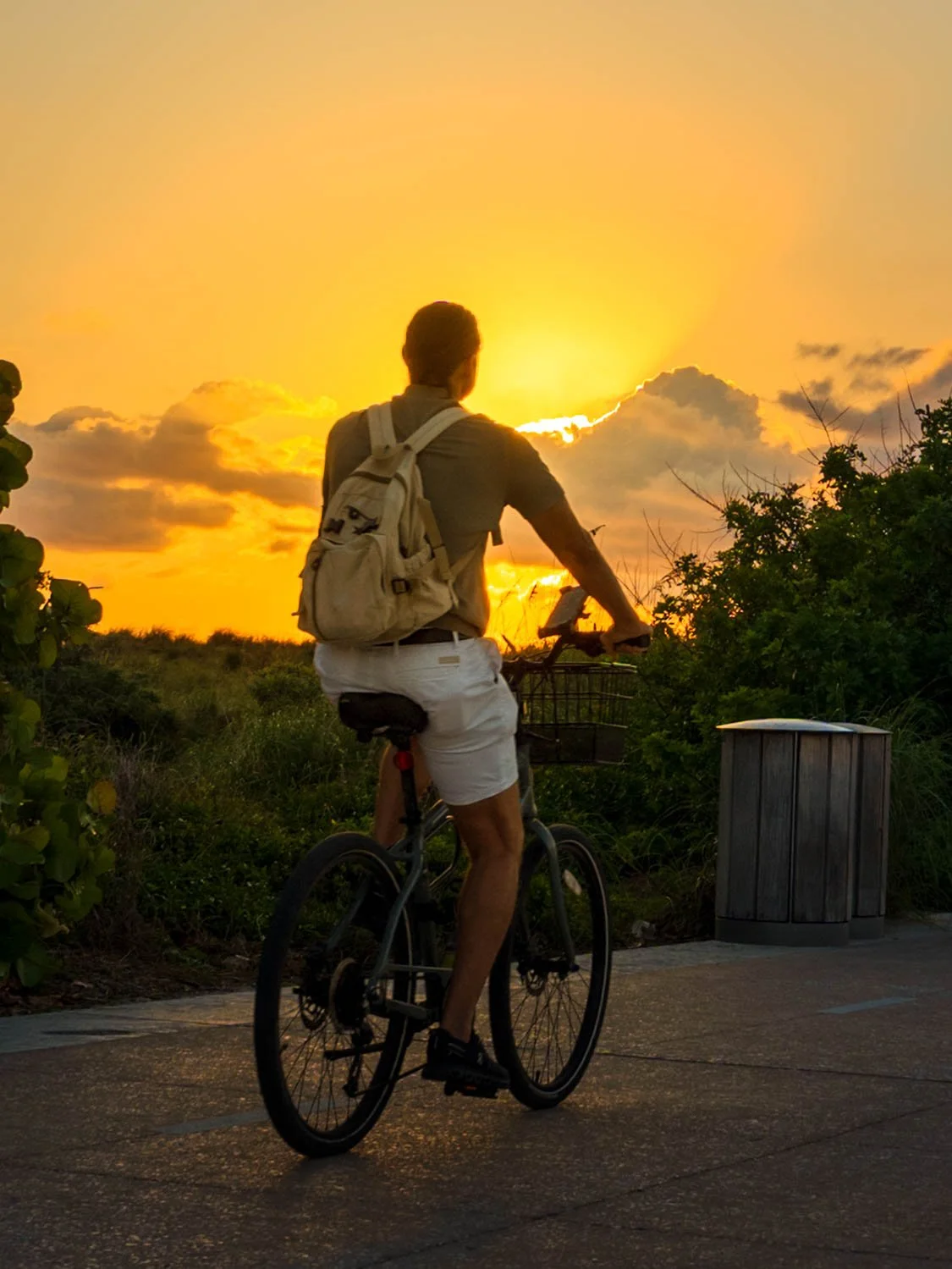 Man on bicycle with backpack pausing to watch a vivid orange sunset at South Beach, surrounded by lush greenery