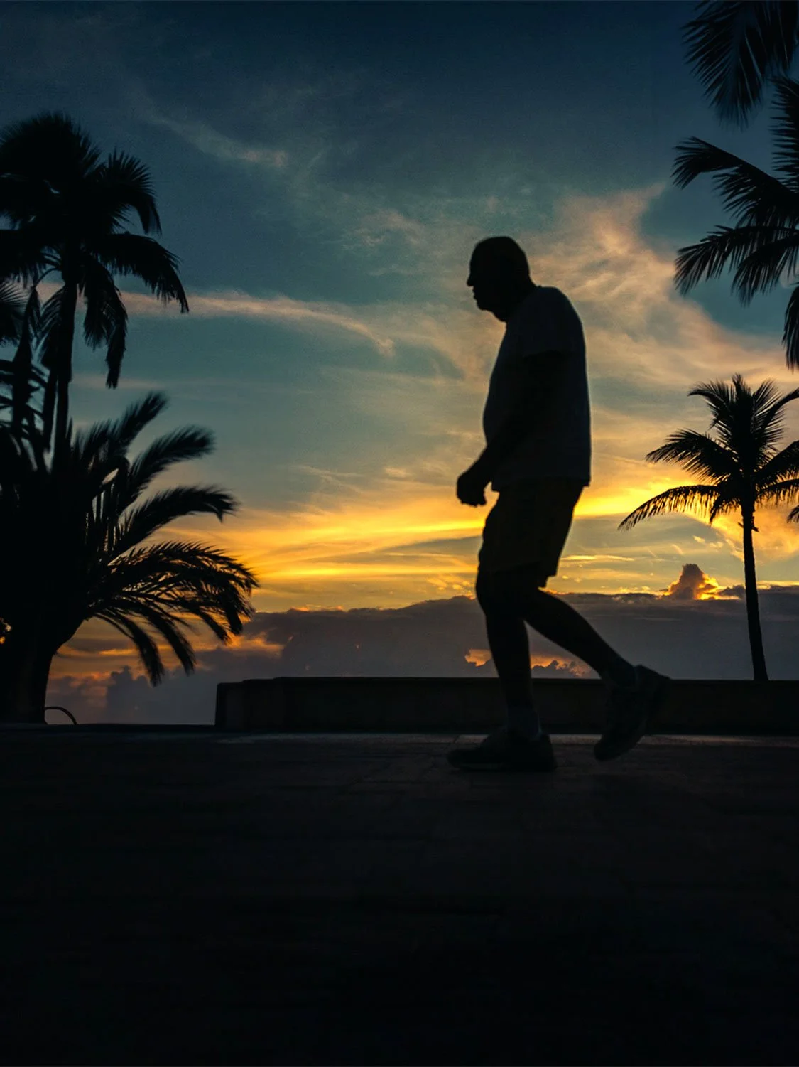 South Beach sunrise silhouette man walking palm trees golden hour tropical outdoor lifestyle photography.