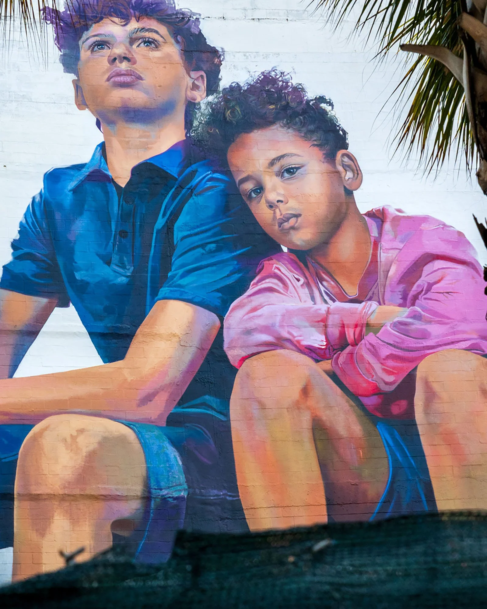 A close crop of two boys, one in a blue polo and one in a pink shirt, with palm fronds at the edge and a green fence in front