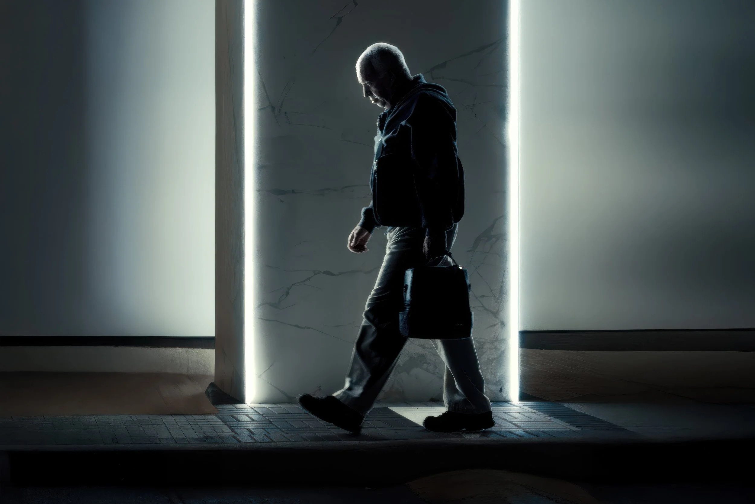 Man walking past the lights of an office building at night in Brickell Miami