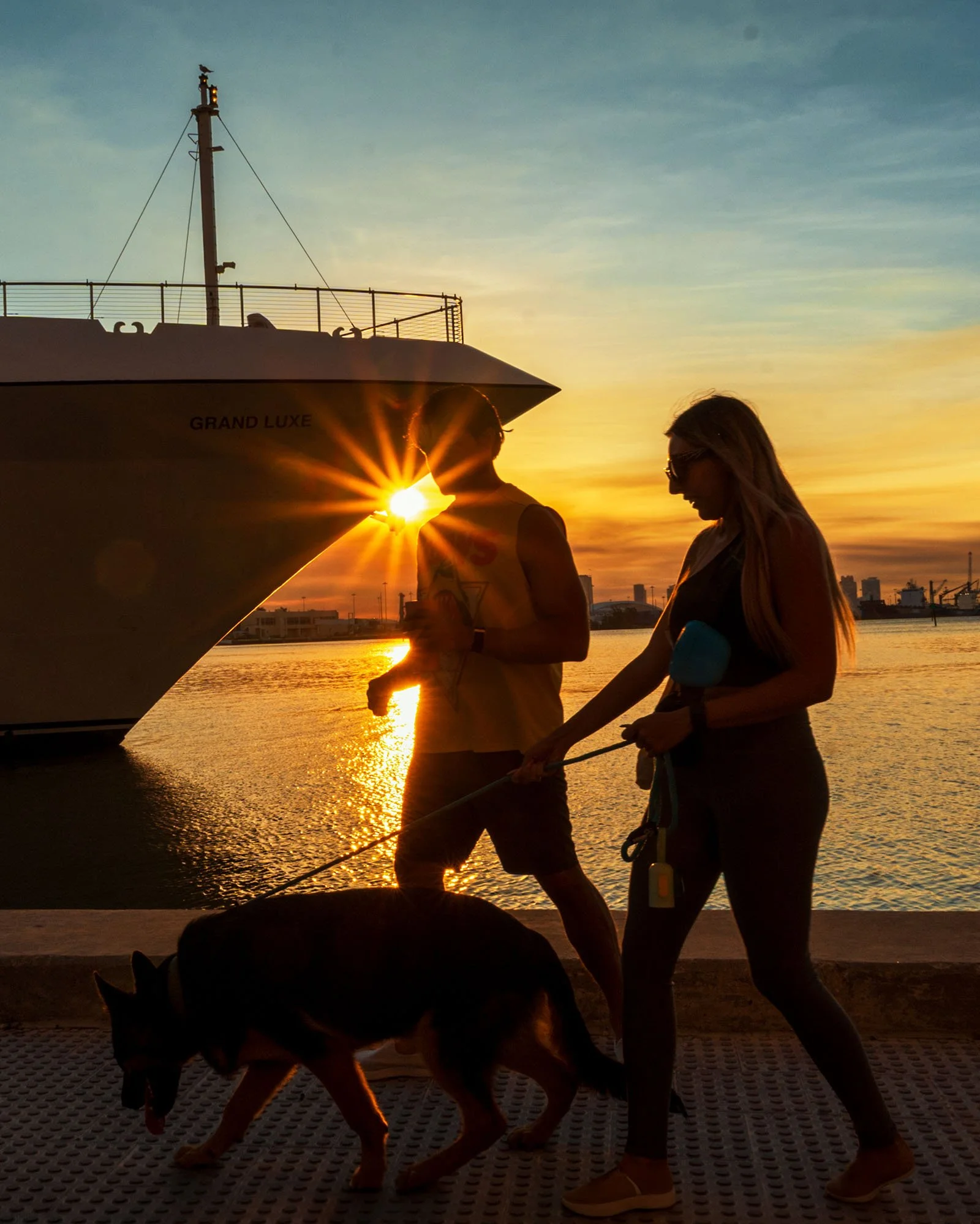 Couple walking a dog past a docked cruise ship, sun flare at the bow, Bayfront Park Miami
