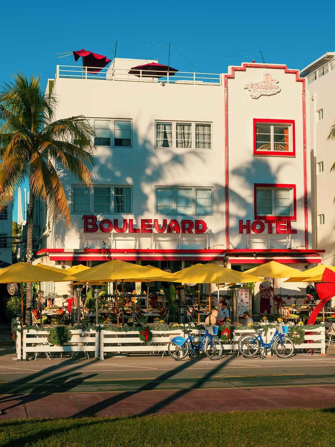 Sunrise light creating shadows on The Boulevard Hotel, an Art Deco building on Ocean Drive in South Beach Miami.