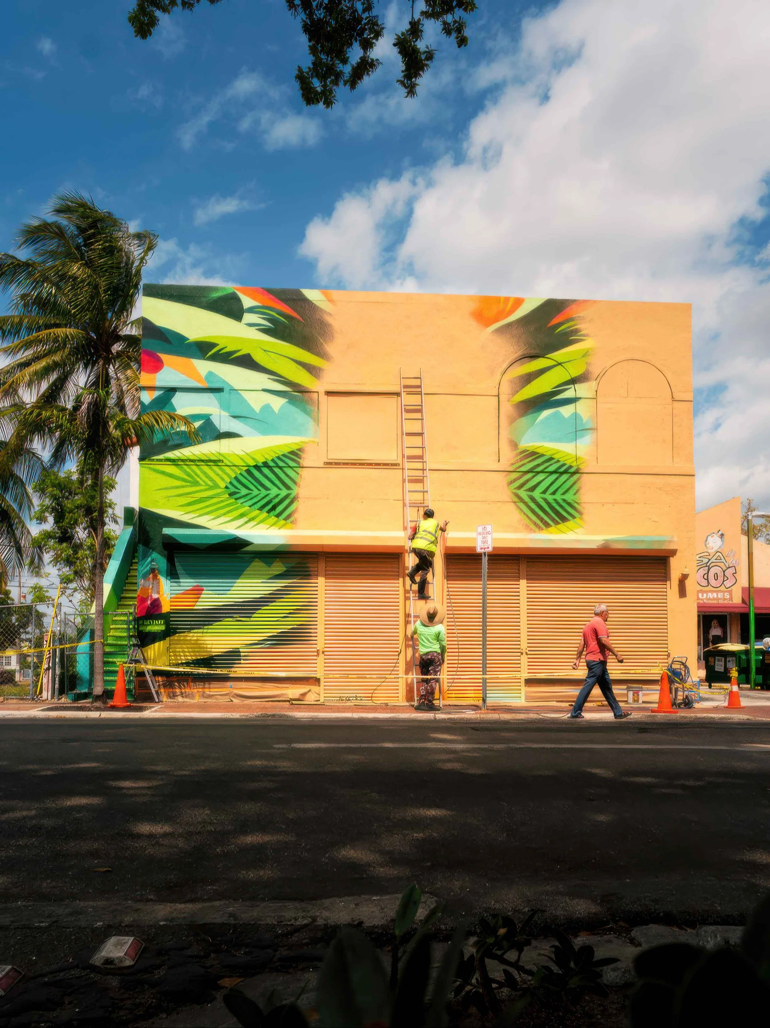 Little Havana Miami street mural art installation tropical palm leaves colorful graffiti urban building exterior public art.