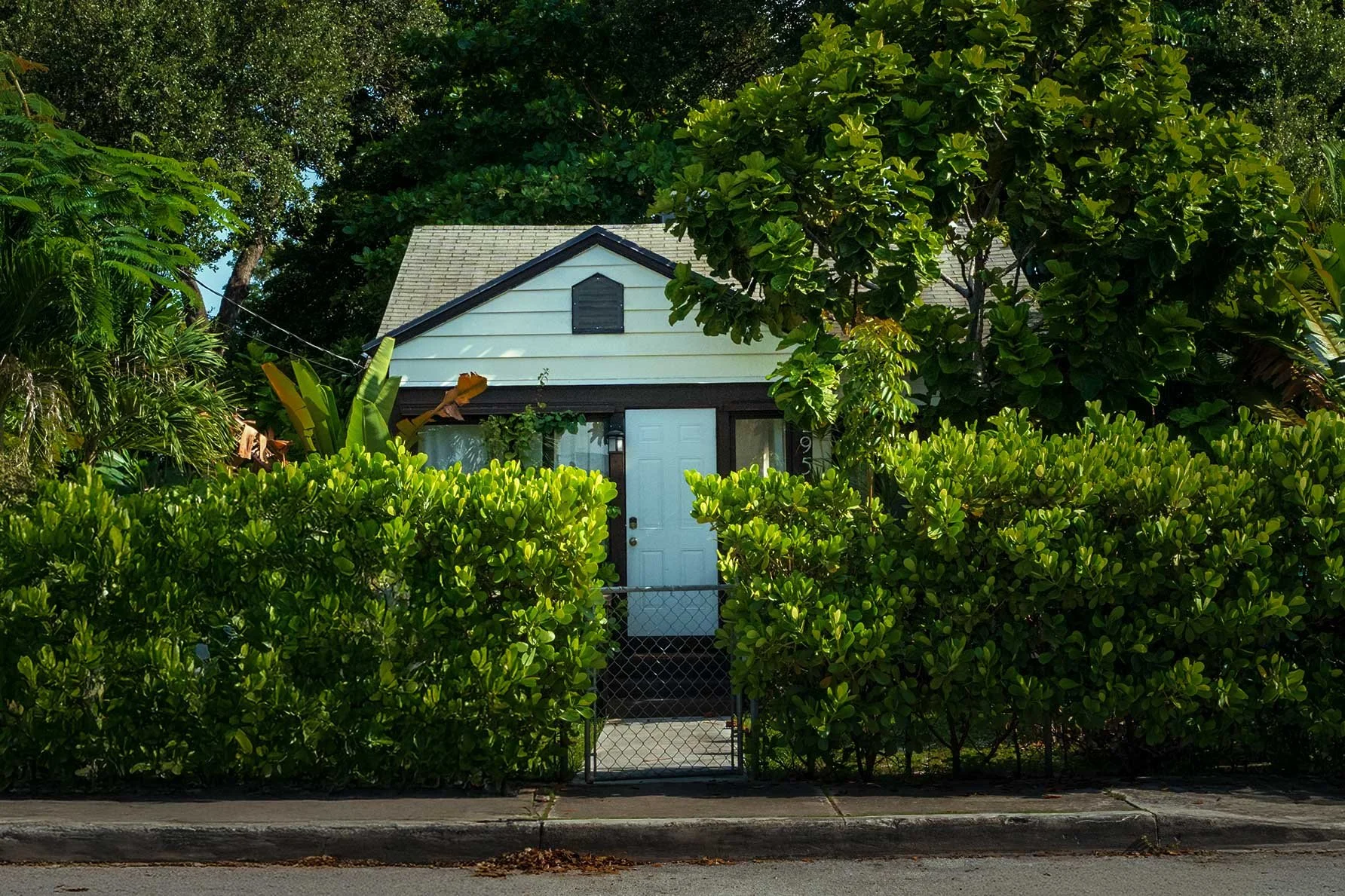 Blue and white bungalow behind a chain-link gate and mailbox, Buena Vista Miami