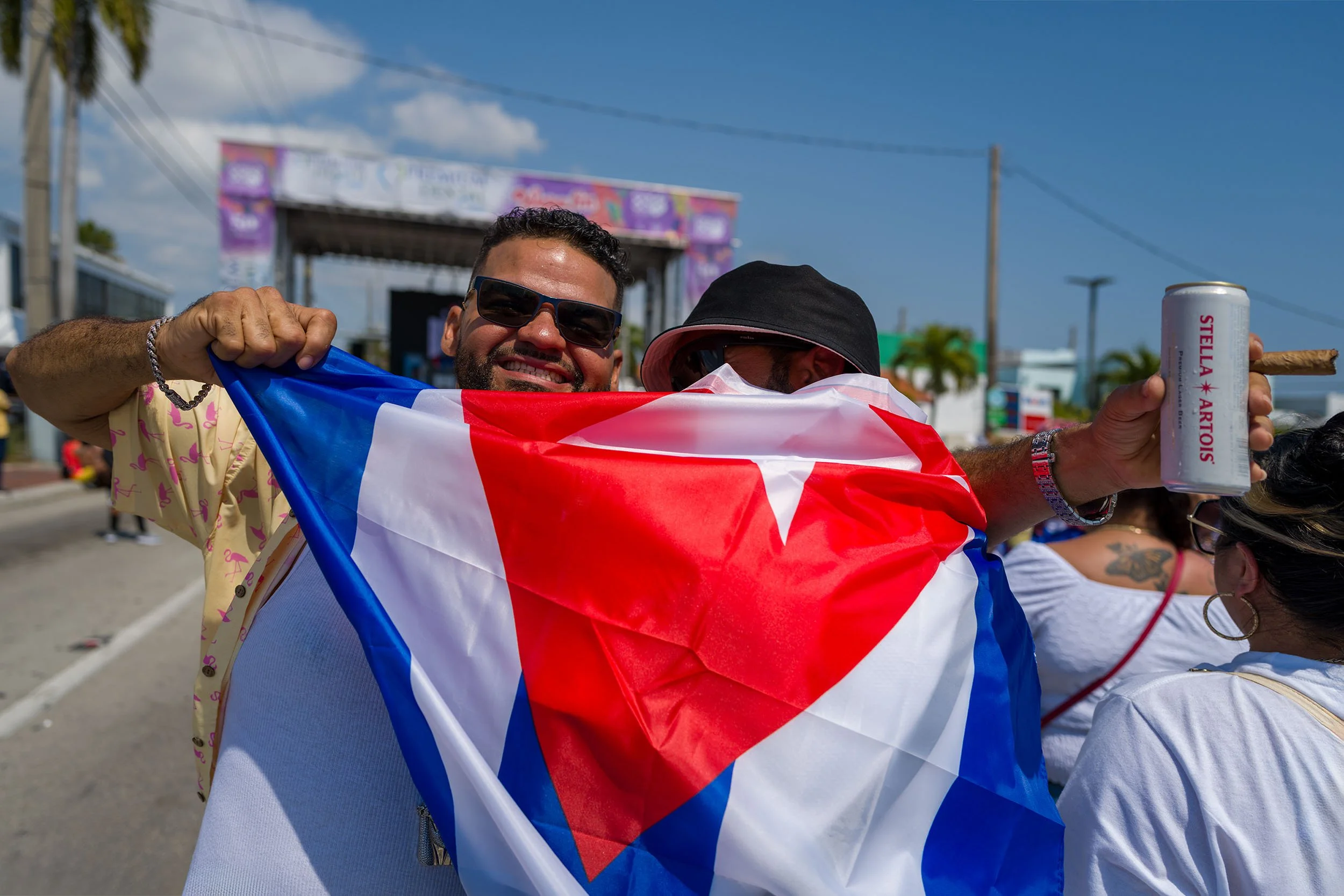 Celebrating with the Cuban flag on Calle Ocho in Little Havana