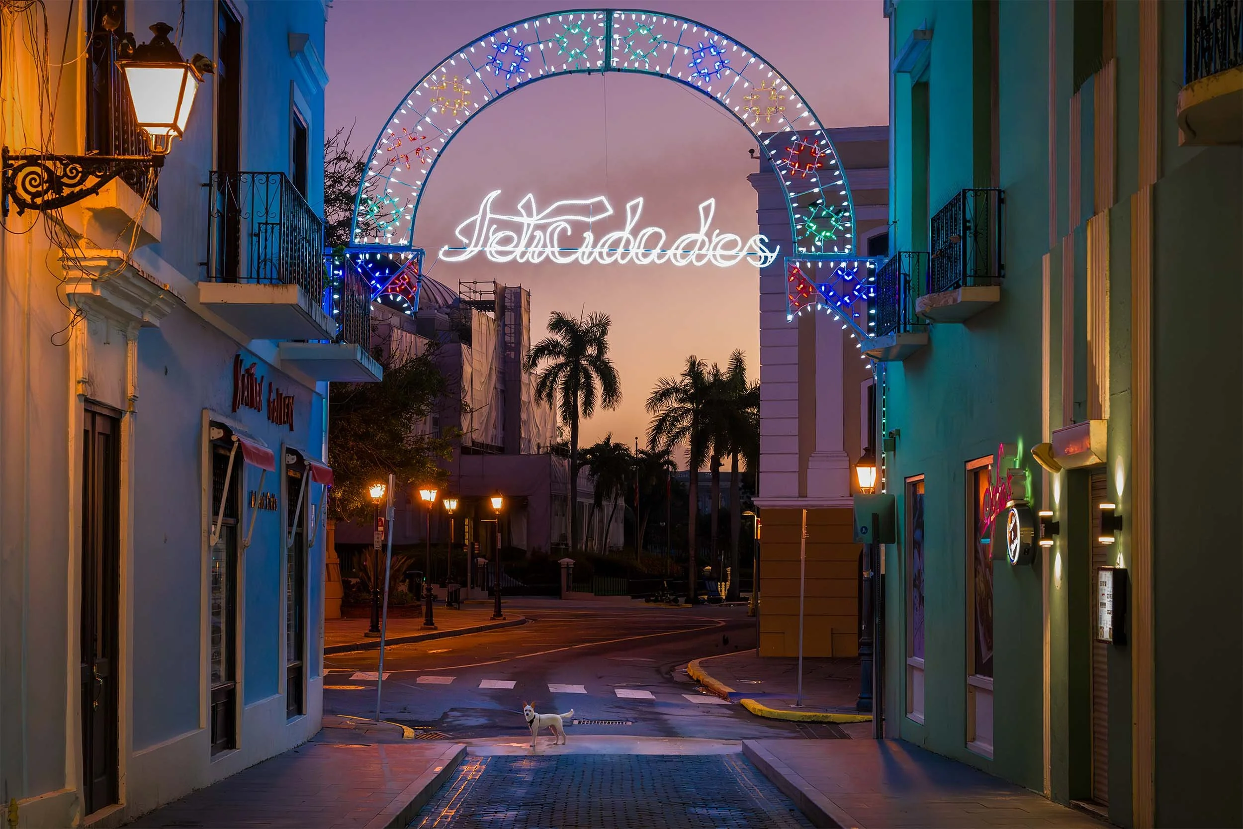Early morning sunlight at the Felicidades sign in Old San Juan Puerto Rico