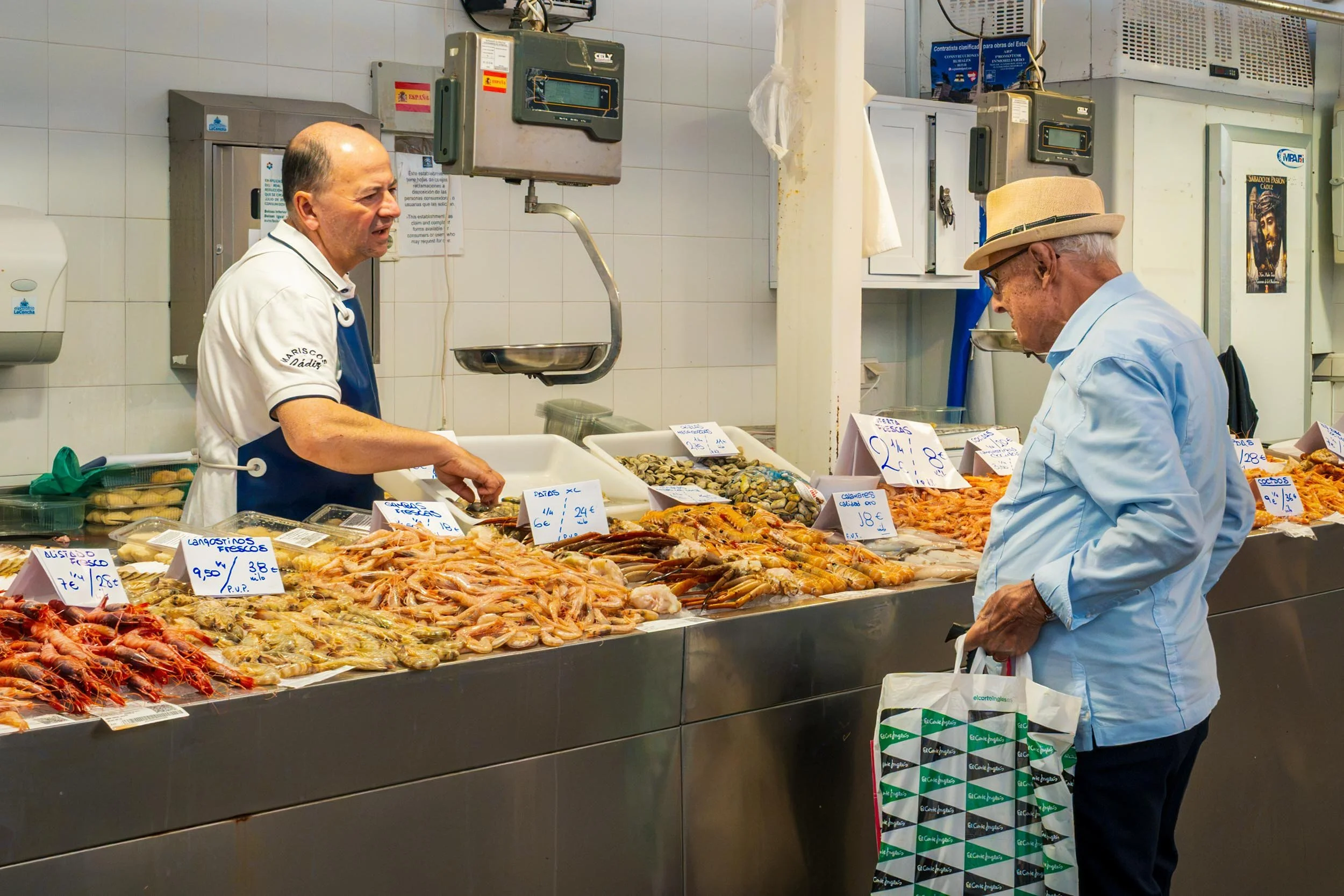 Fresh seafood market Cadiz Spain | langostinos prawns shellfish | traditional Spanish fish market stall