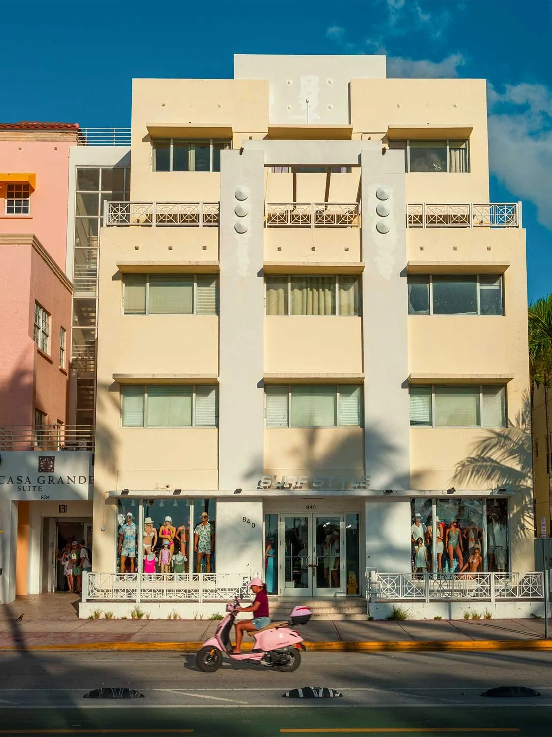 Miami Beach Art Deco architecture Ocean Drive Surf Style shop boutique hotel storefront sunny day