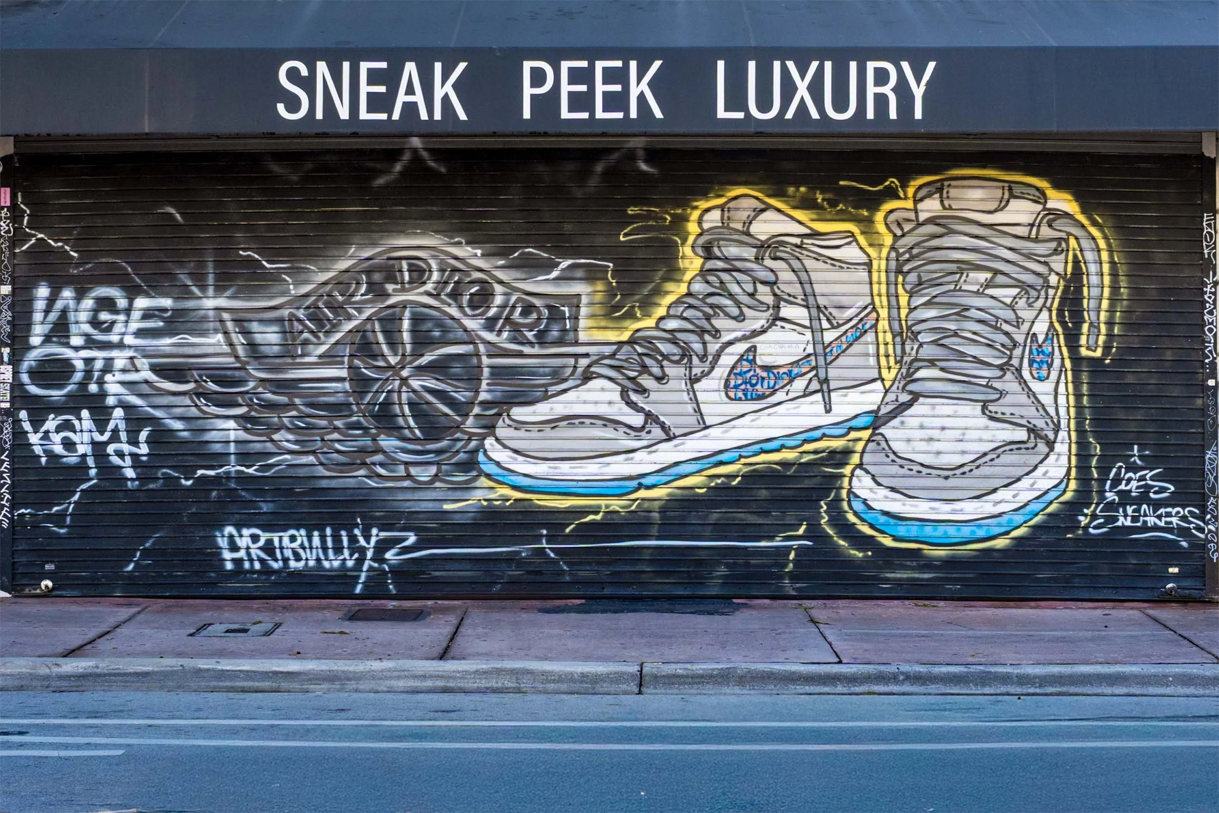 The Sneak Peek Luxury roll-down shutter, painted with winged sneakers and tagged ARTBULLYZ