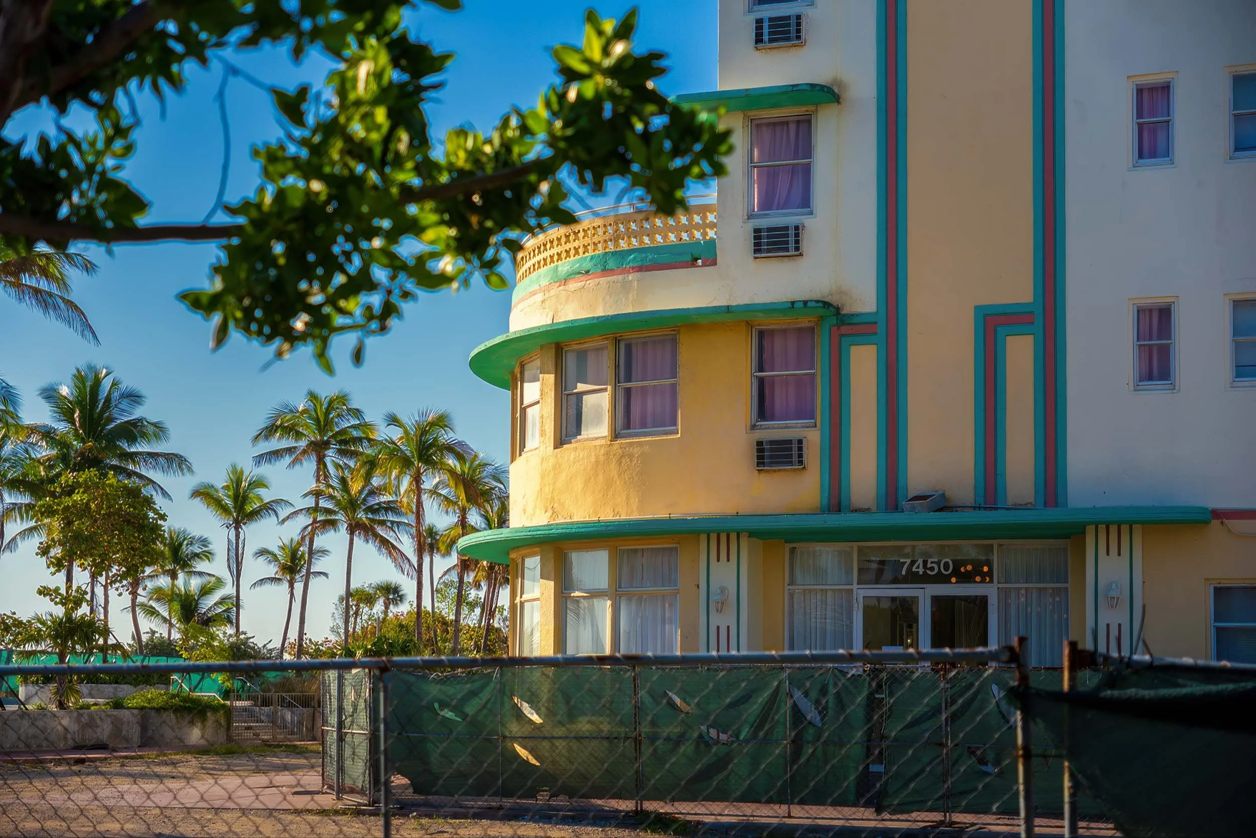The Broadmoor hotel at 7450 Ocean Terrace with palm trees, North Beach Miami