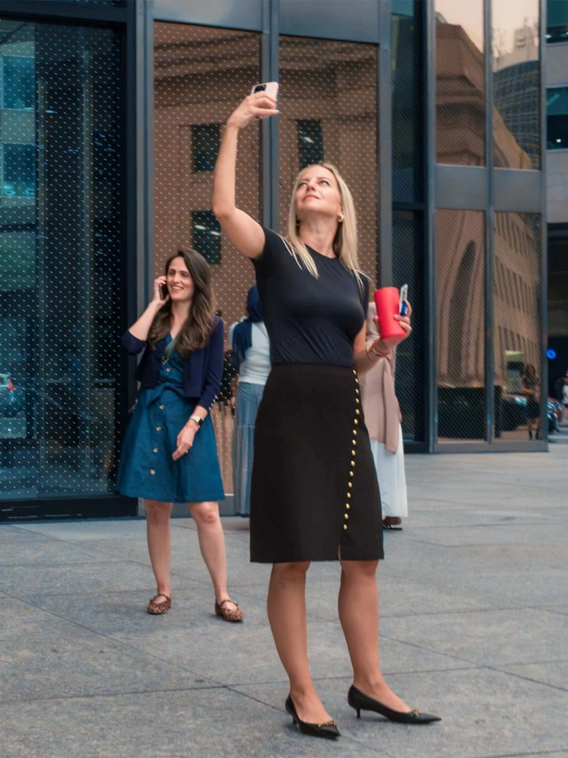 professional women Downtown Toronto street style selfie black pencil skirt kitten heels urban lifestyle photography