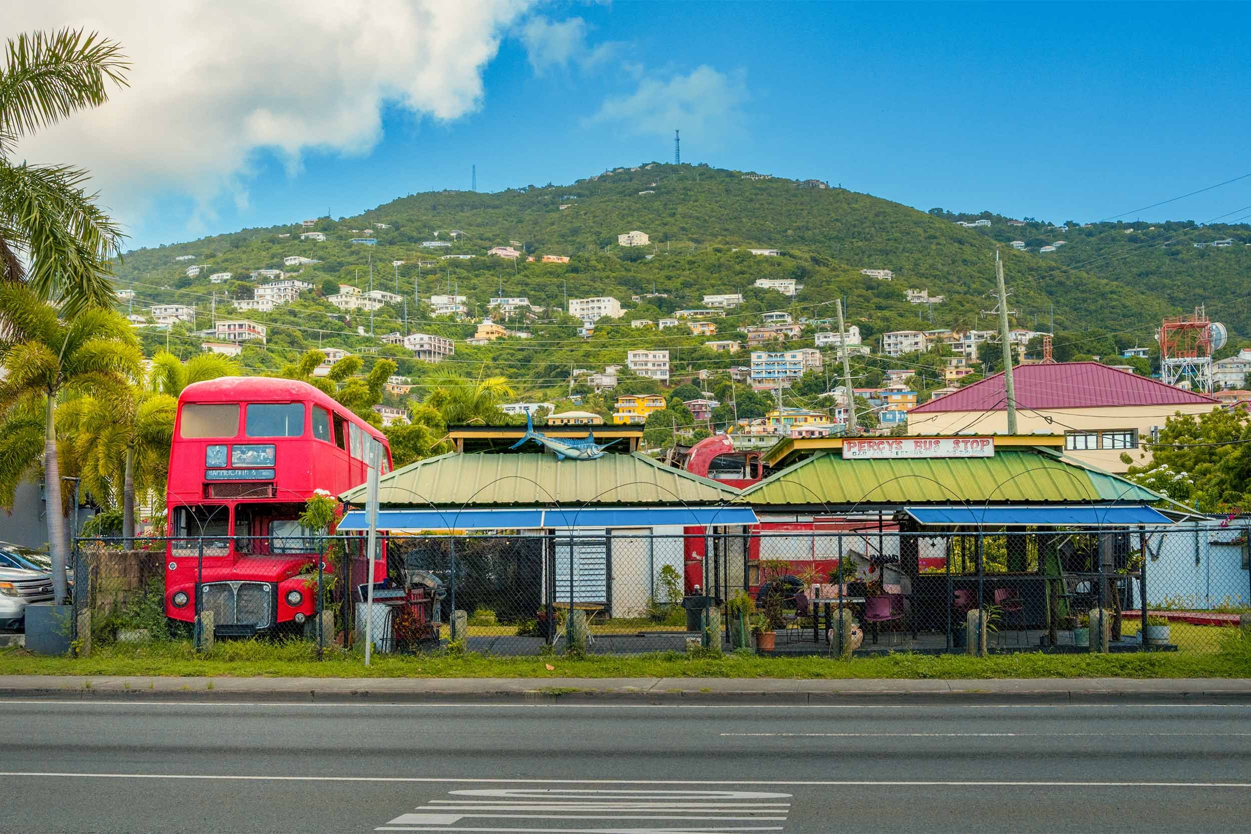 Old English bus parked in St Thomas USVI