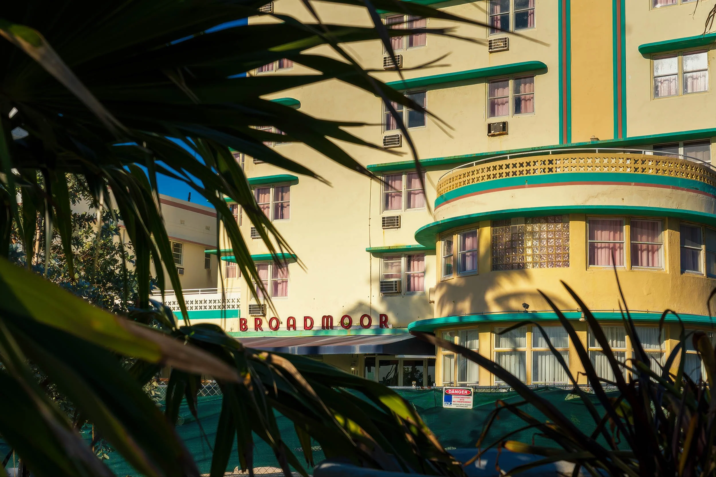 BROADMOOR neon-style hotel sign against yellow facade, Ocean Terrace North Beach Miami