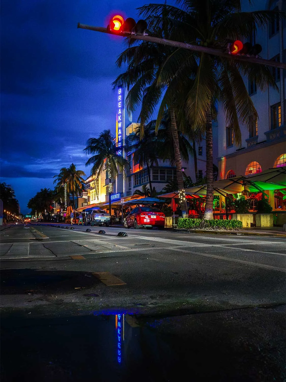 The neon signs of the Art Deco hotels on Ocean Drive in Miami 