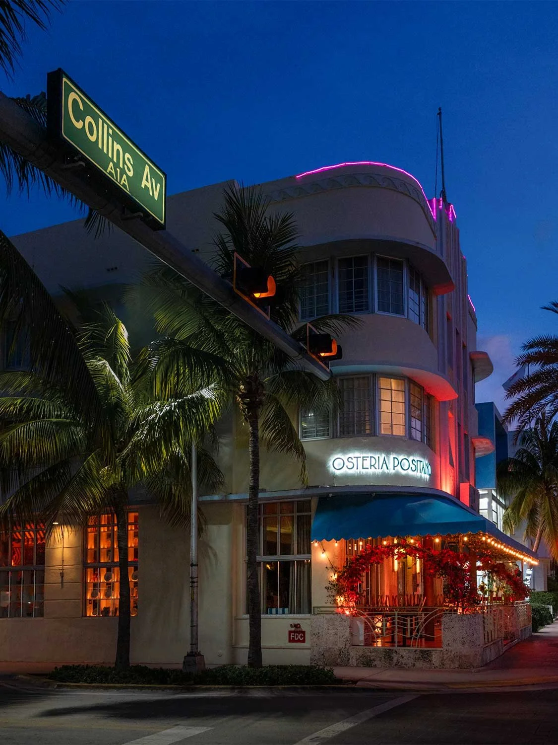 Osteria Positano Miami Beach Italian restaurant Collins Ave A1A Art Deco architecture neon lights outdoor dining