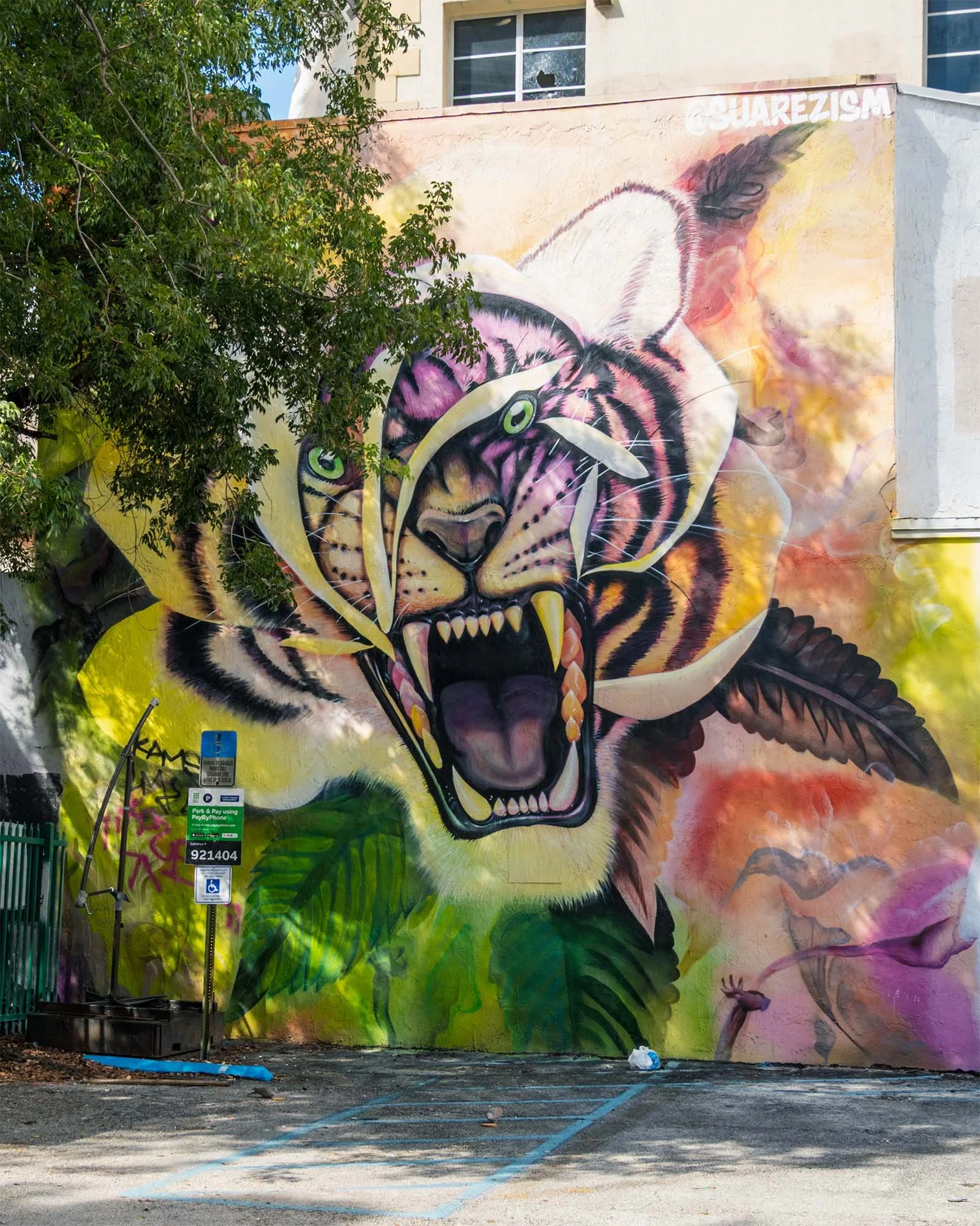 A tiger emerging from a white flower, signed @SUAREZISM, behind a parking lot with a PayByPhone sign