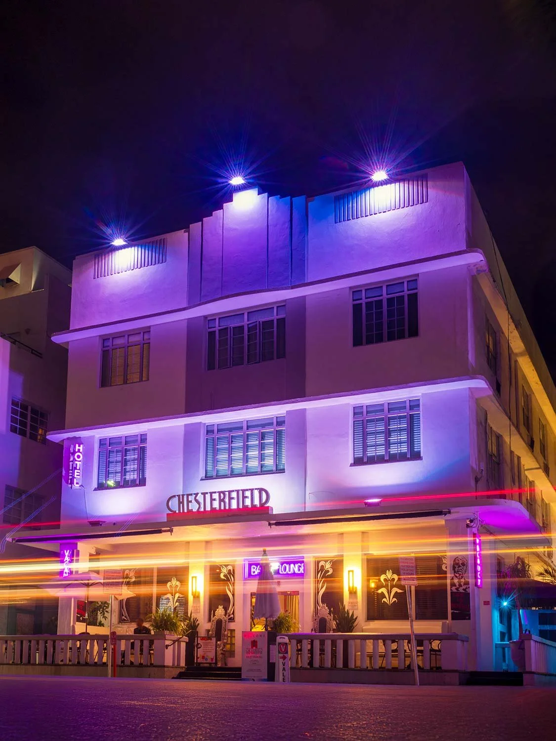 Art Deco hotel Miami Beach night photography Collins Ave South Beach Chesterfield Hotel neon lights.