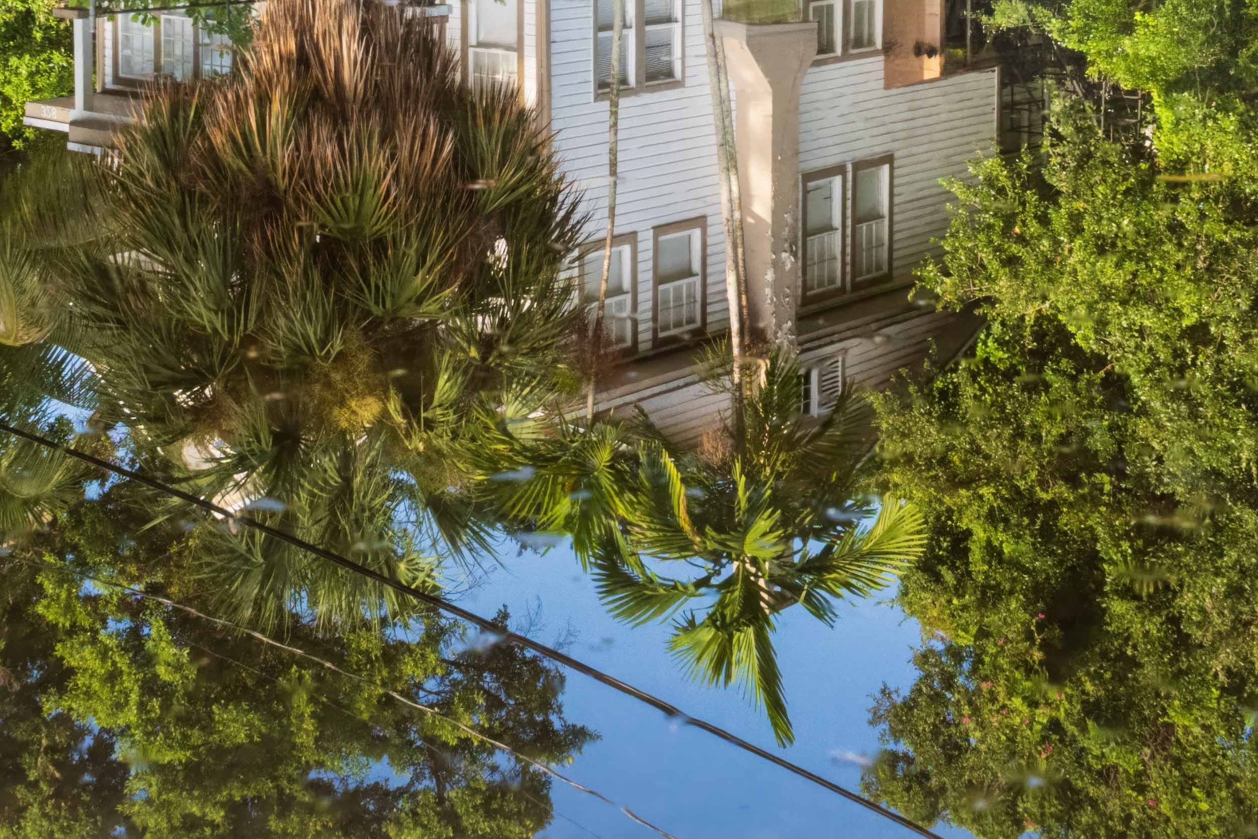 Wood-frame house reflected in a street puddle