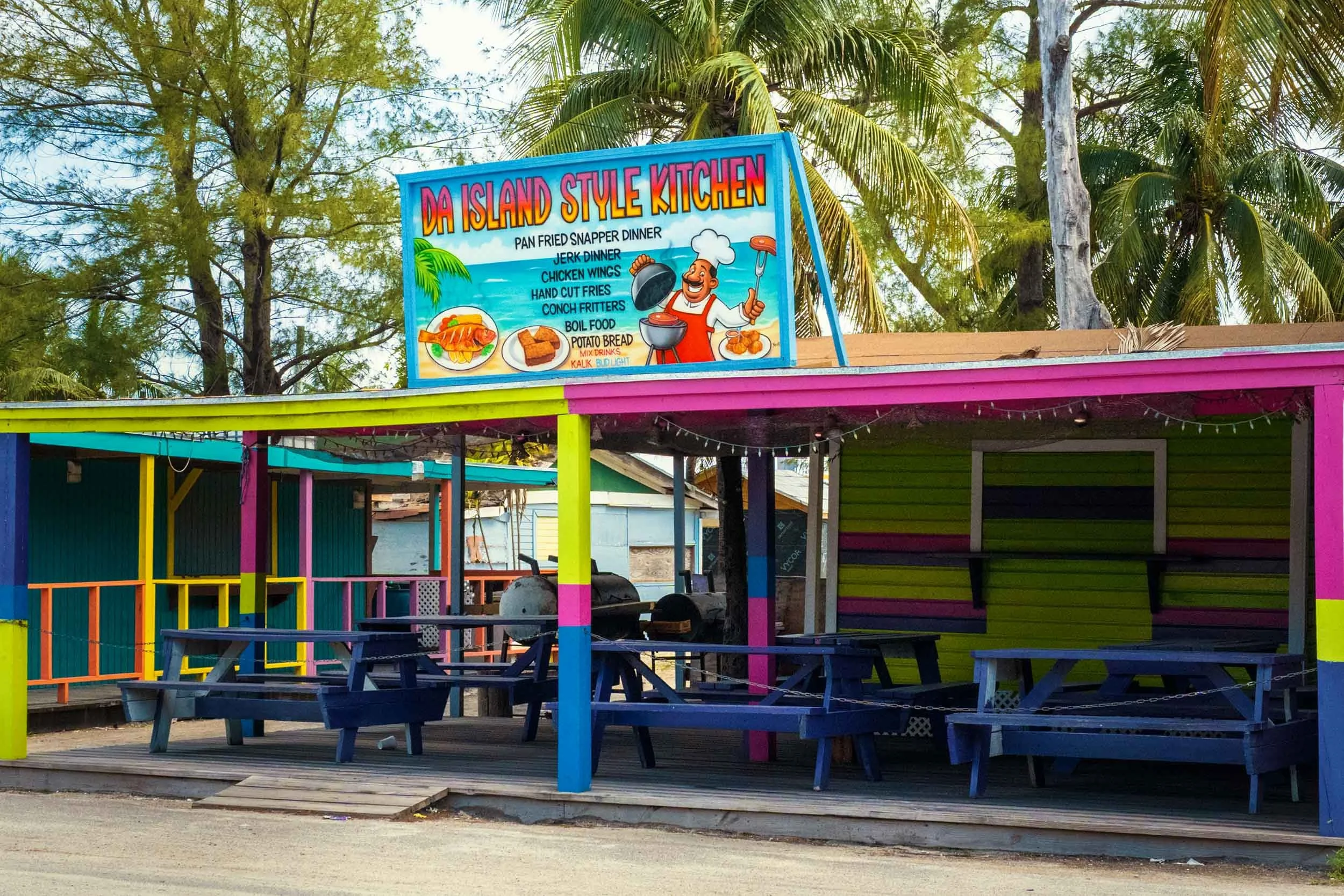 Da Island Style Kitchen sign with jerk and conch fritter menu, Arawak Cay