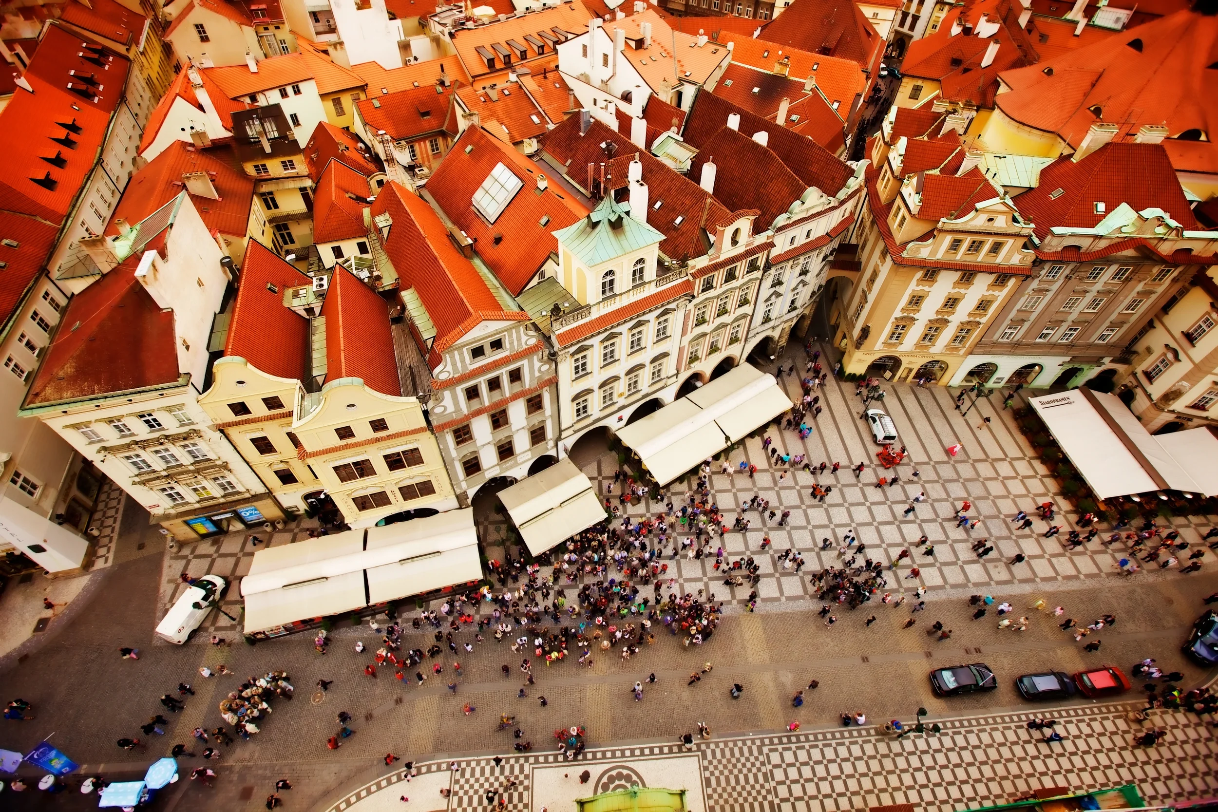 A view of red roofs in Prague's old town near Staremestske Namesti from the clock tower