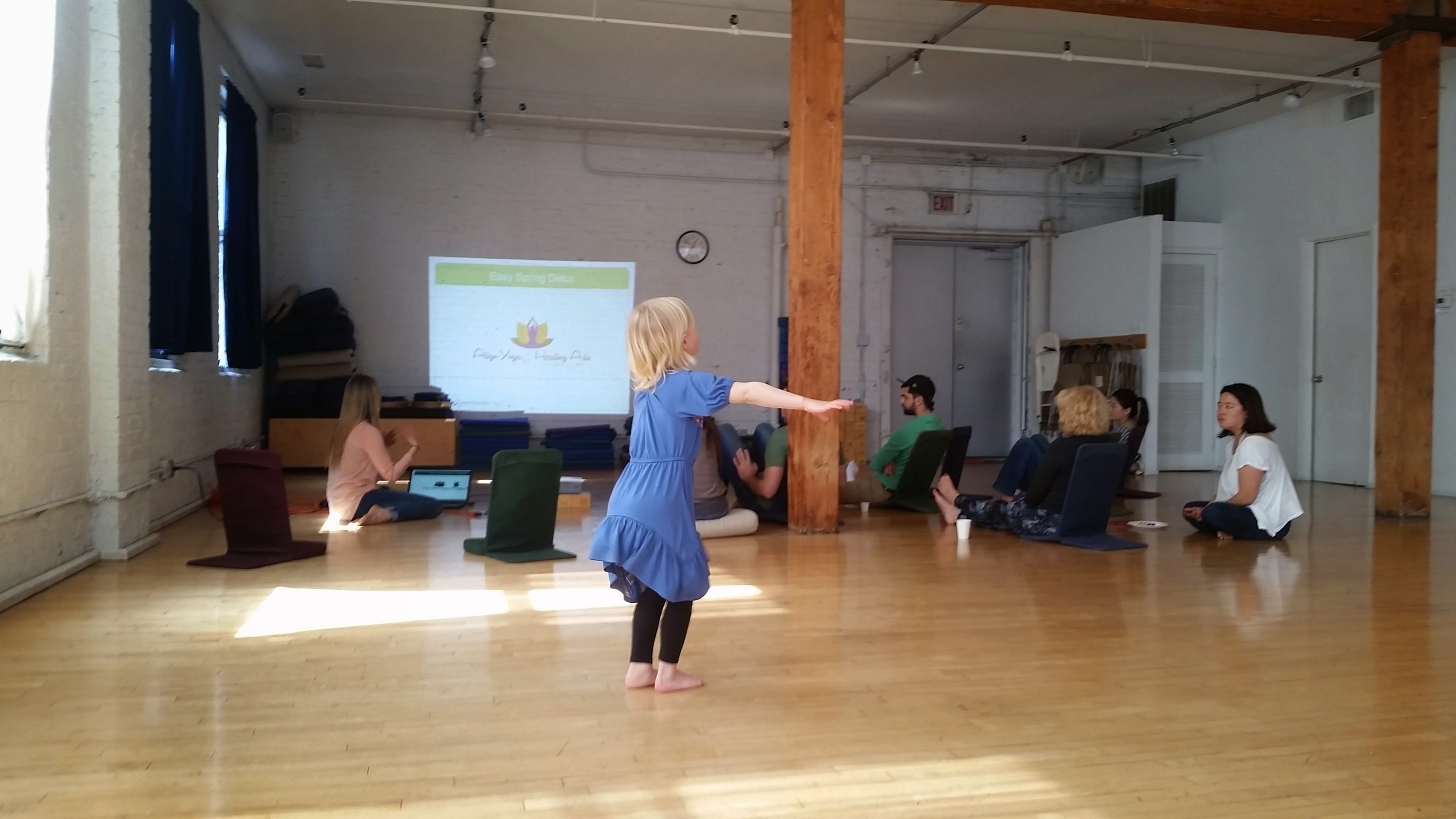 Aya dancing for Crystal's presentation at Moksha Yoga