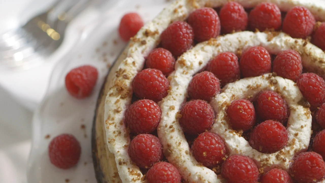 Raspberry-Cranberry Spiced Cheesecake, by Dorie Greenspan for Driscoll's.