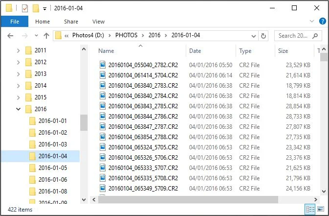 Lightroom Import function copies the photos into folders by year and by date, and renames the files with the date and time. The first file here was taken on 4th January 2016, at 5:50 am. The last four digits are from the camera's internal numbering. Can you see some are in the 2000-range while others are in the 5000-range? Two different cameras.