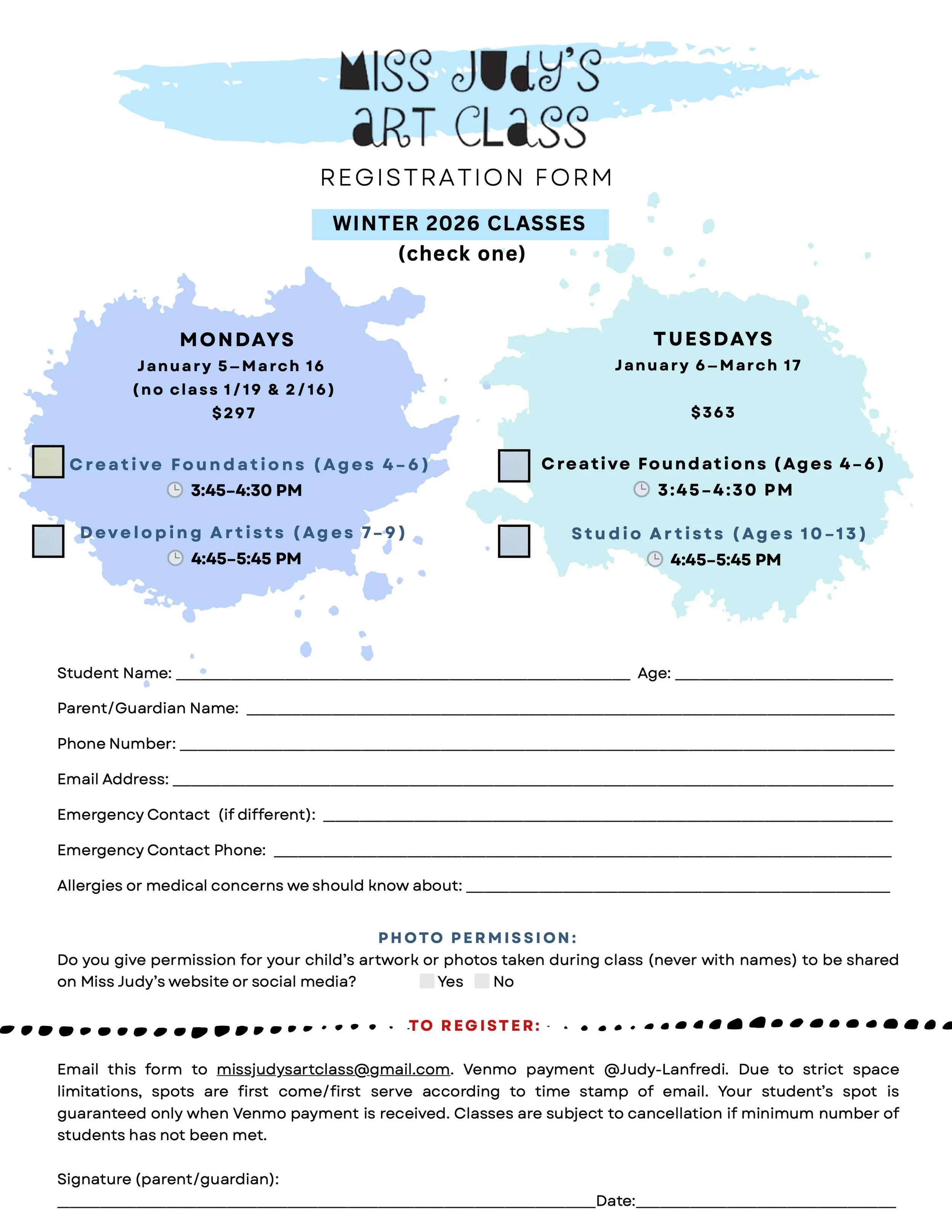 Miss Judy's Art Class Winter 2026 registration form