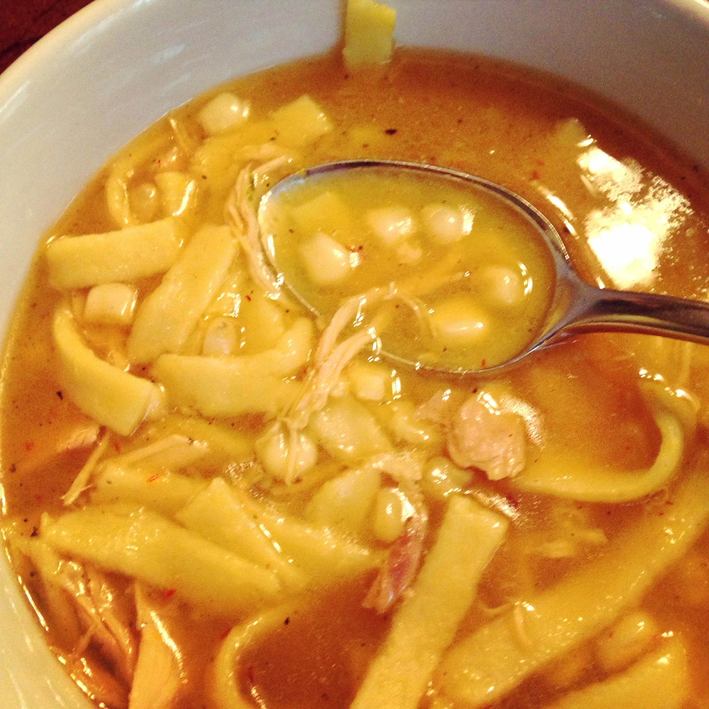 Justin's chicken corn noodle soup, redolent with freshly-picked saffron.