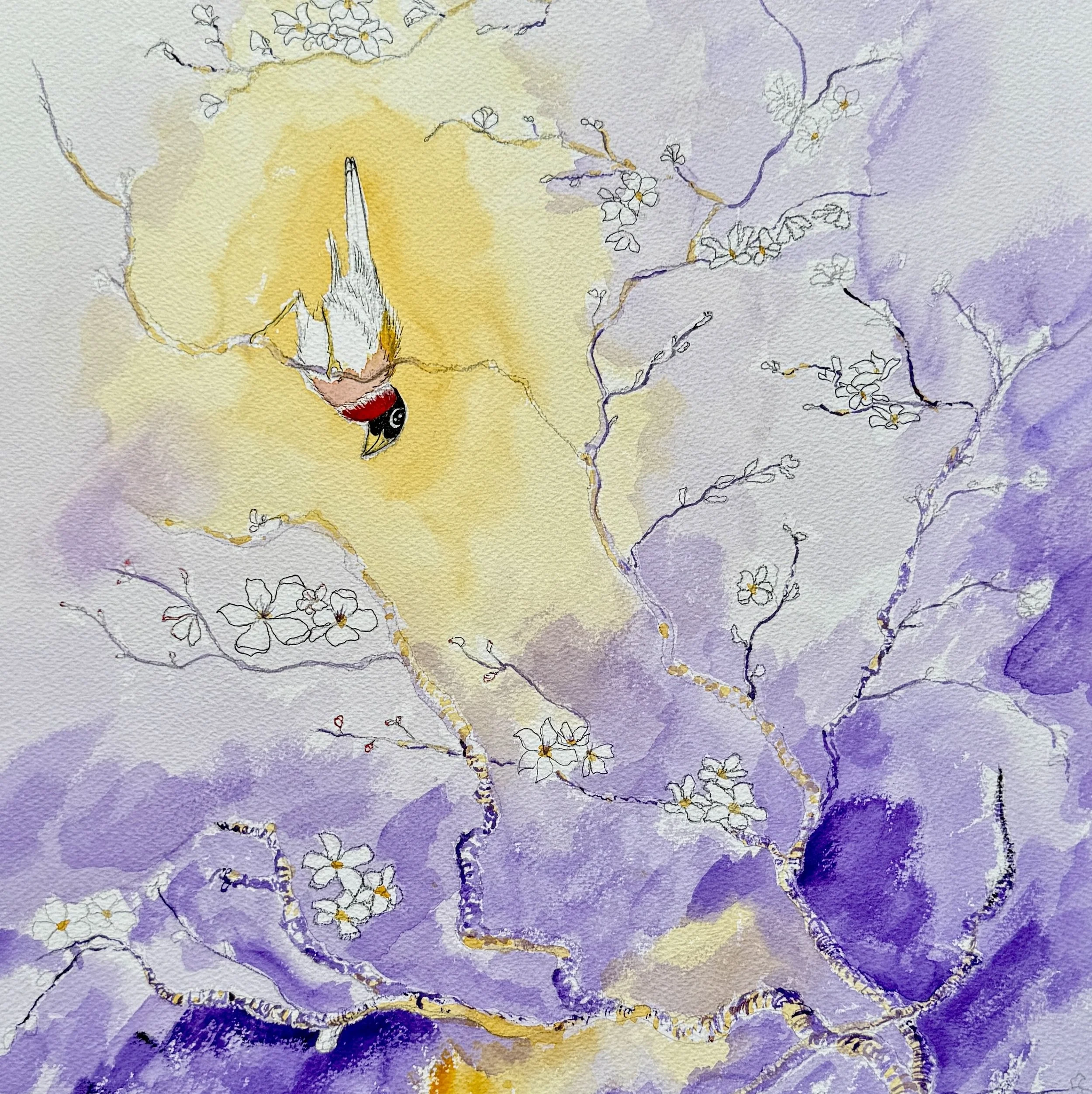 Bullfinch & Almond Branch: Lavender