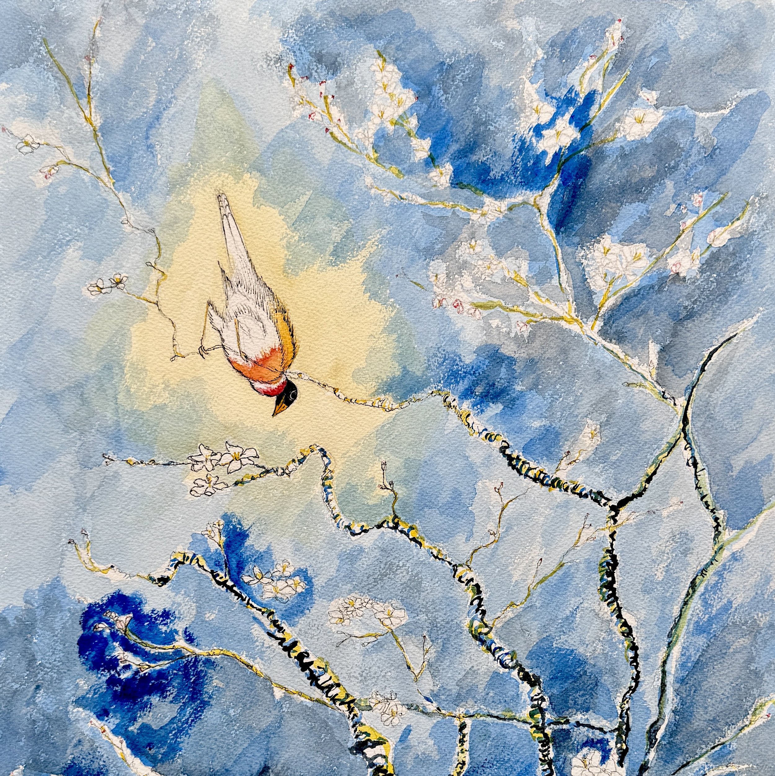 Bullfinch & Almond Branch: Indigo
