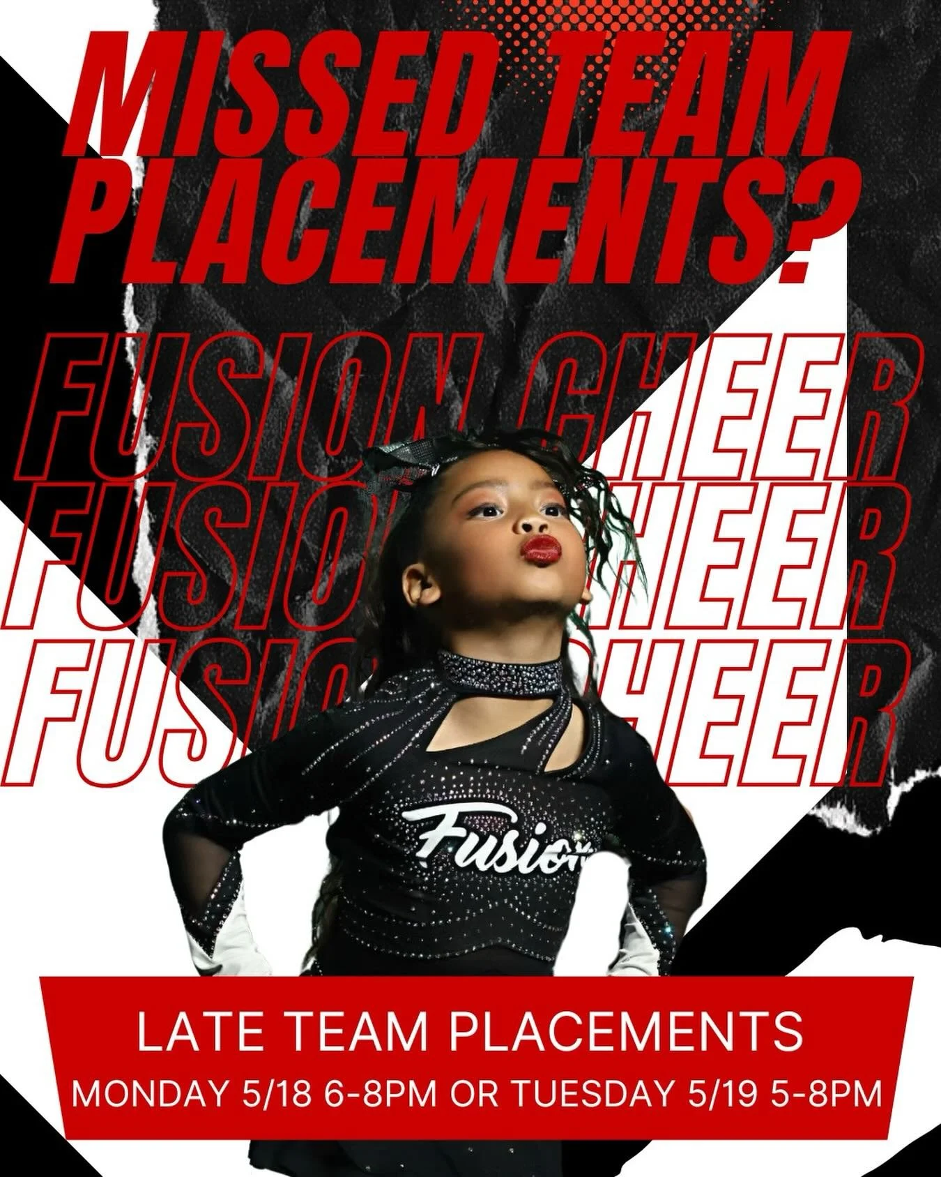 Did you miss Team Placements for our 2026-27 Fusion Cheer Teams?!?! No worries!!! We have some limited spots available on some of our teams! Come into the gym TONIGHT or TOMORROW and have a quick team placement done!! We can let you know what teams h
