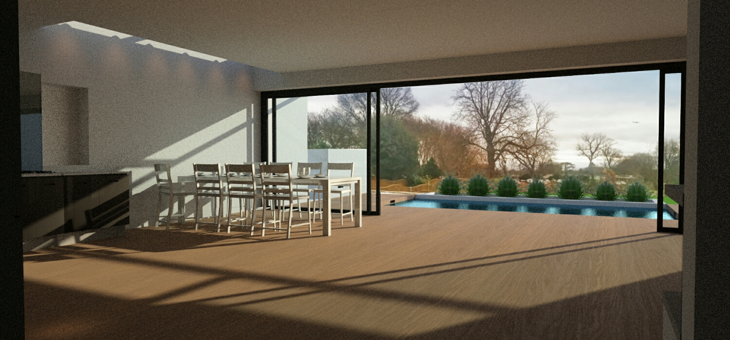 Flush threshold, leading to swimming pool. The extruded flank walls frame the views out to Gunnersbury Park. Recessed rooflights wash the side walls with natural light.