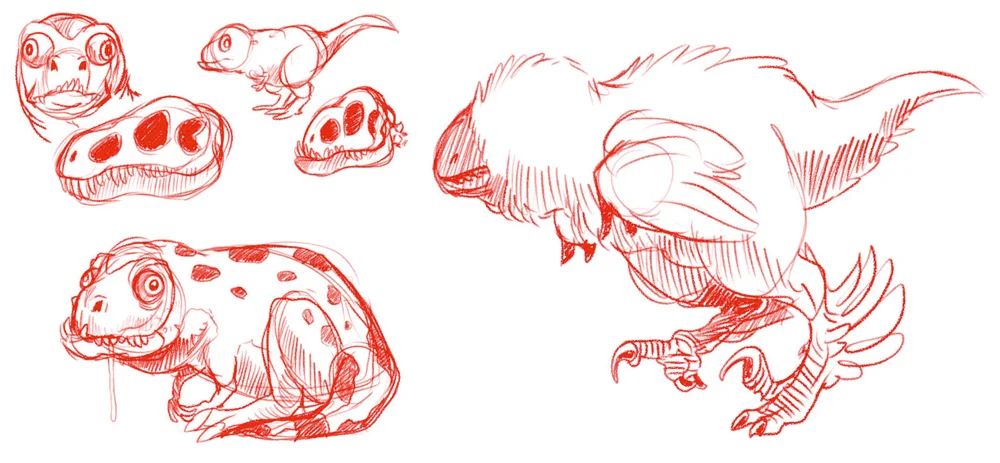 I give you captively bred domestic theropods created by Ethan Kocak: a short-faced, miniature tyranno-pug, and a plush, poodle-like maniraptoran with luxuriant plumage. Image: Ethan Kocak. He's a New York Times bestselling artist, dontchaknow.
