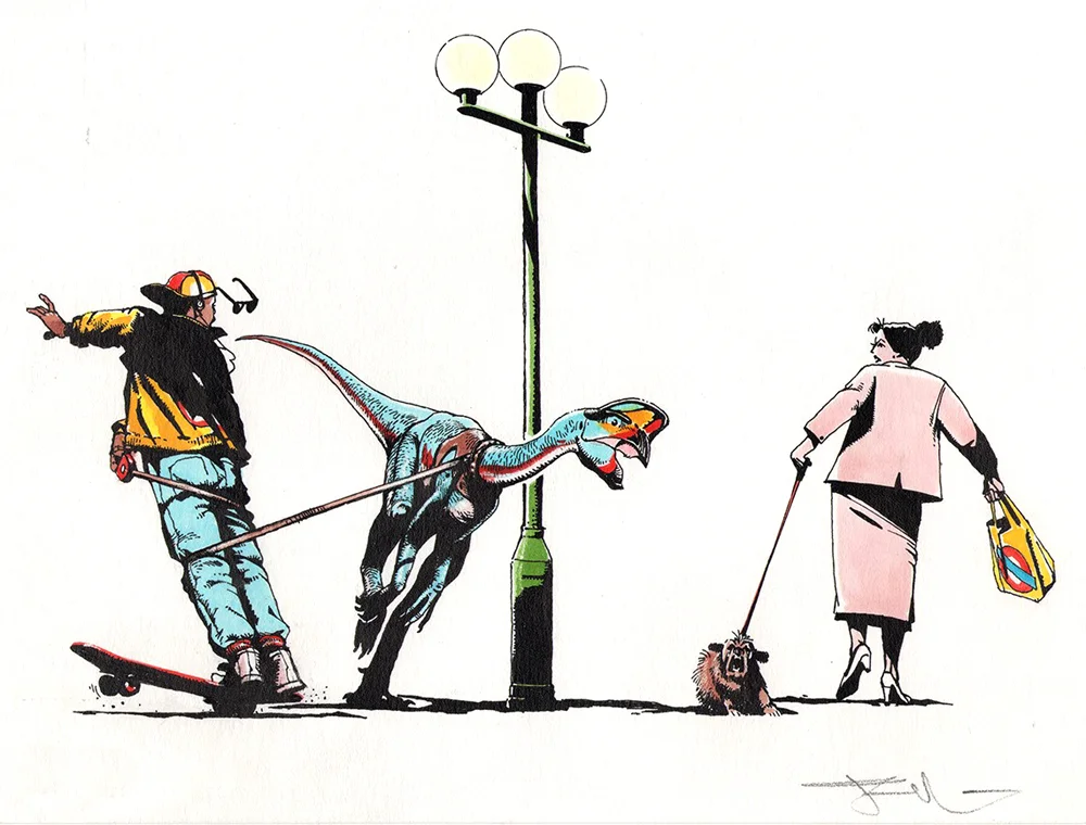 During the 1990s, British artist Jim Robins produced a whole set of illustrations depicting non-bird dinosaurs in modern, human-dominated scenes. With his permission, I reproduce several of them here. Image: James Robins.